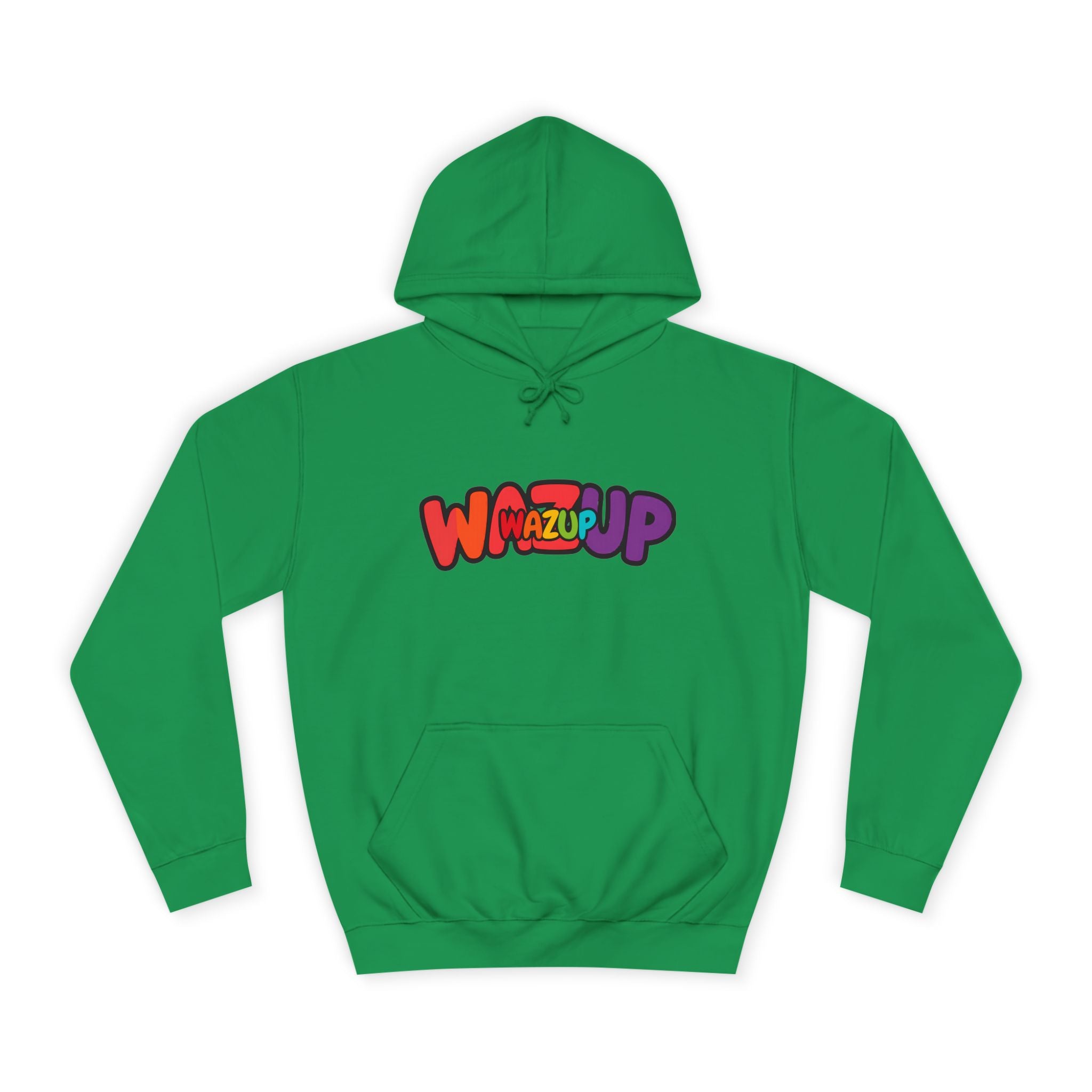 Wazup Colorburst Hoodie — Retro Bubble Letter Graphic Hooded Sweatshirt