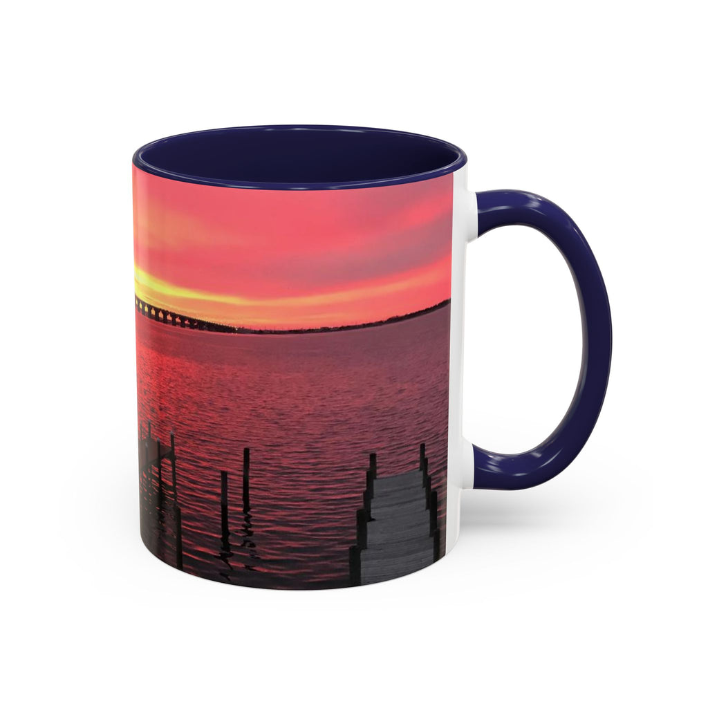 Sunset Harbor Accent Coffee Mug — Pink Sunrise Dock Scene (11/15oz)