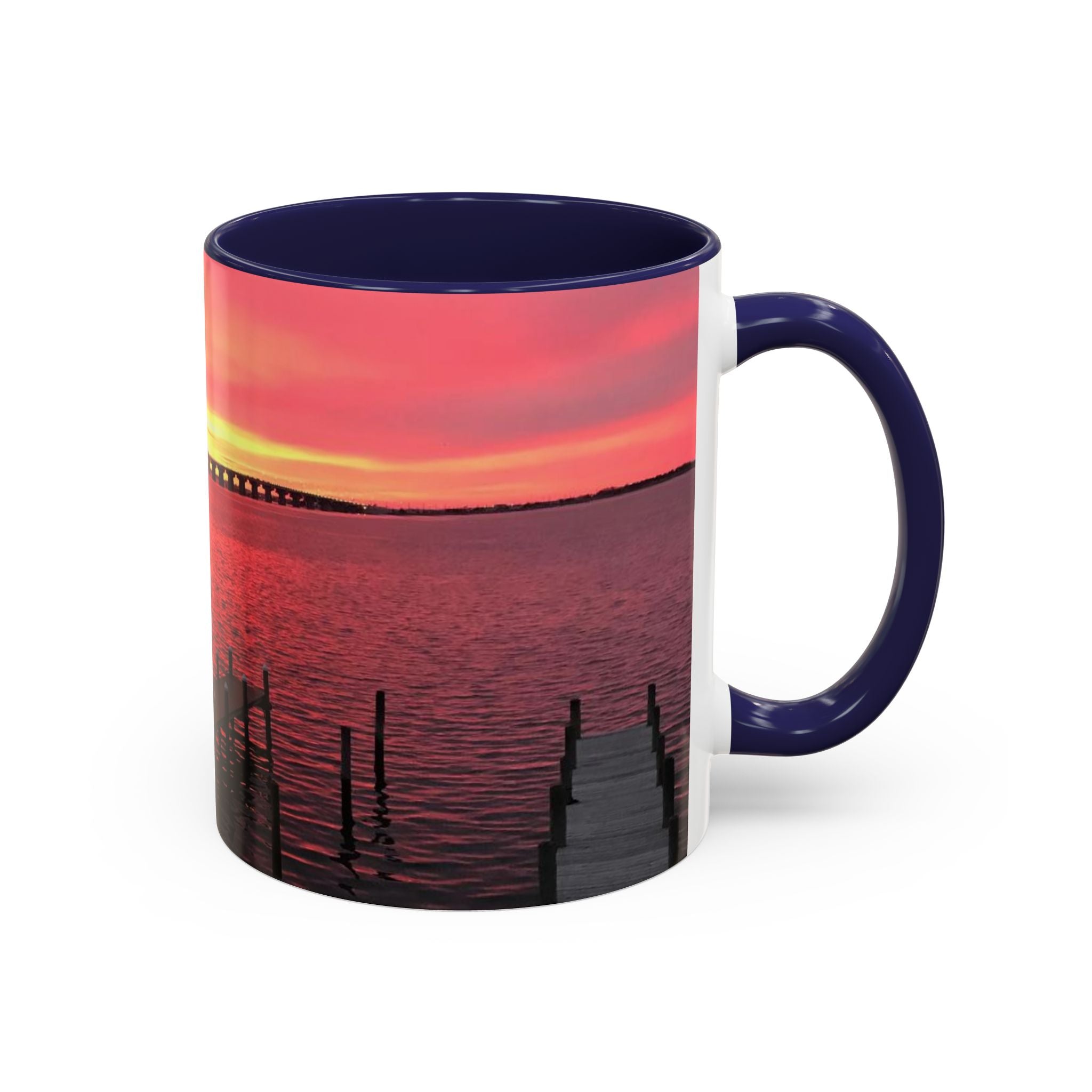 Sunset Harbor Accent Coffee Mug — Pink Sunrise Dock Scene (11/15oz)