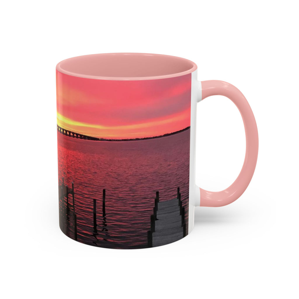 Sunset Harbor Accent Coffee Mug — Pink Sunrise Dock Scene (11/15oz)