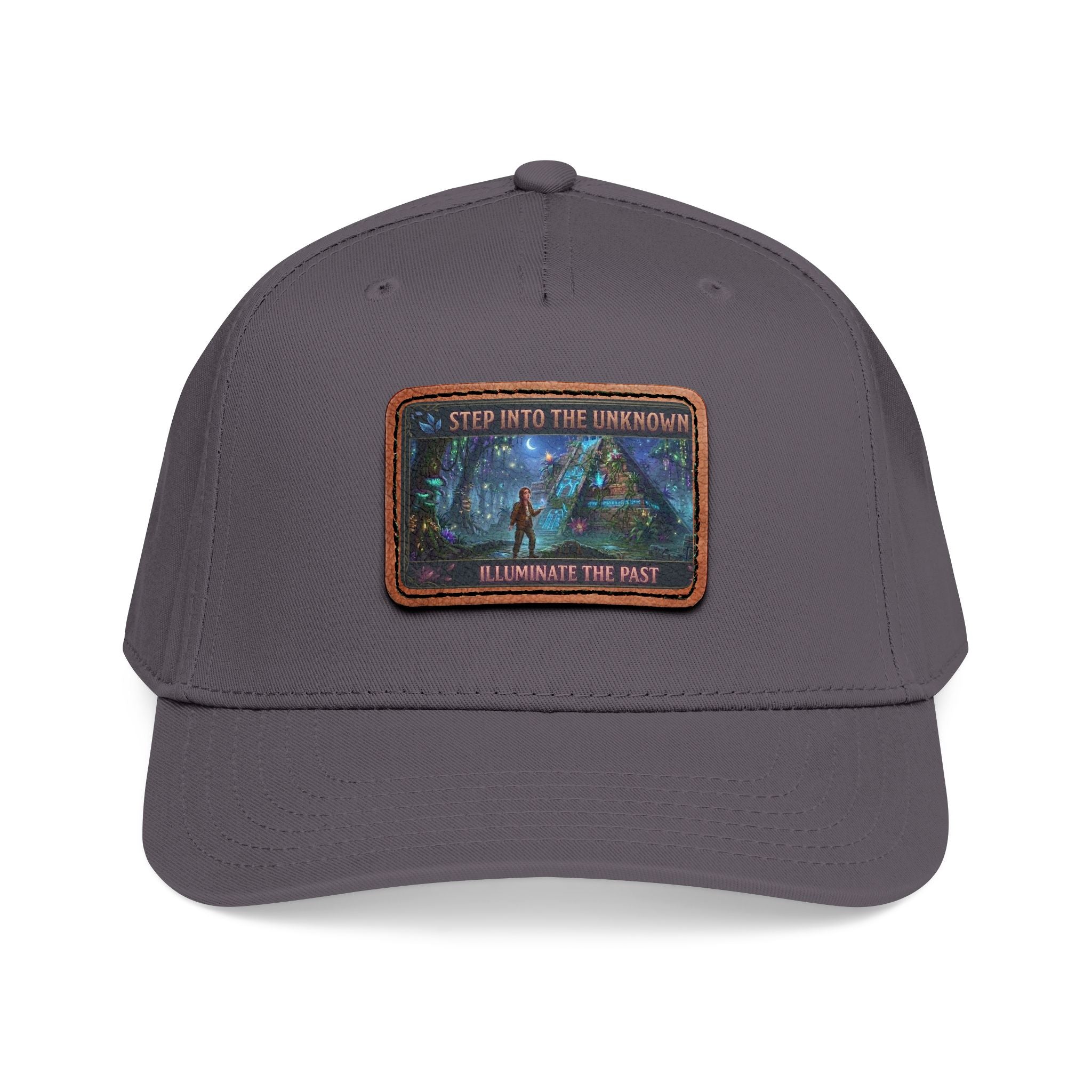 Leather Patch Baseball Cap — "Step Into the Unknown, Illuminate the Past" Forest Adventure Design