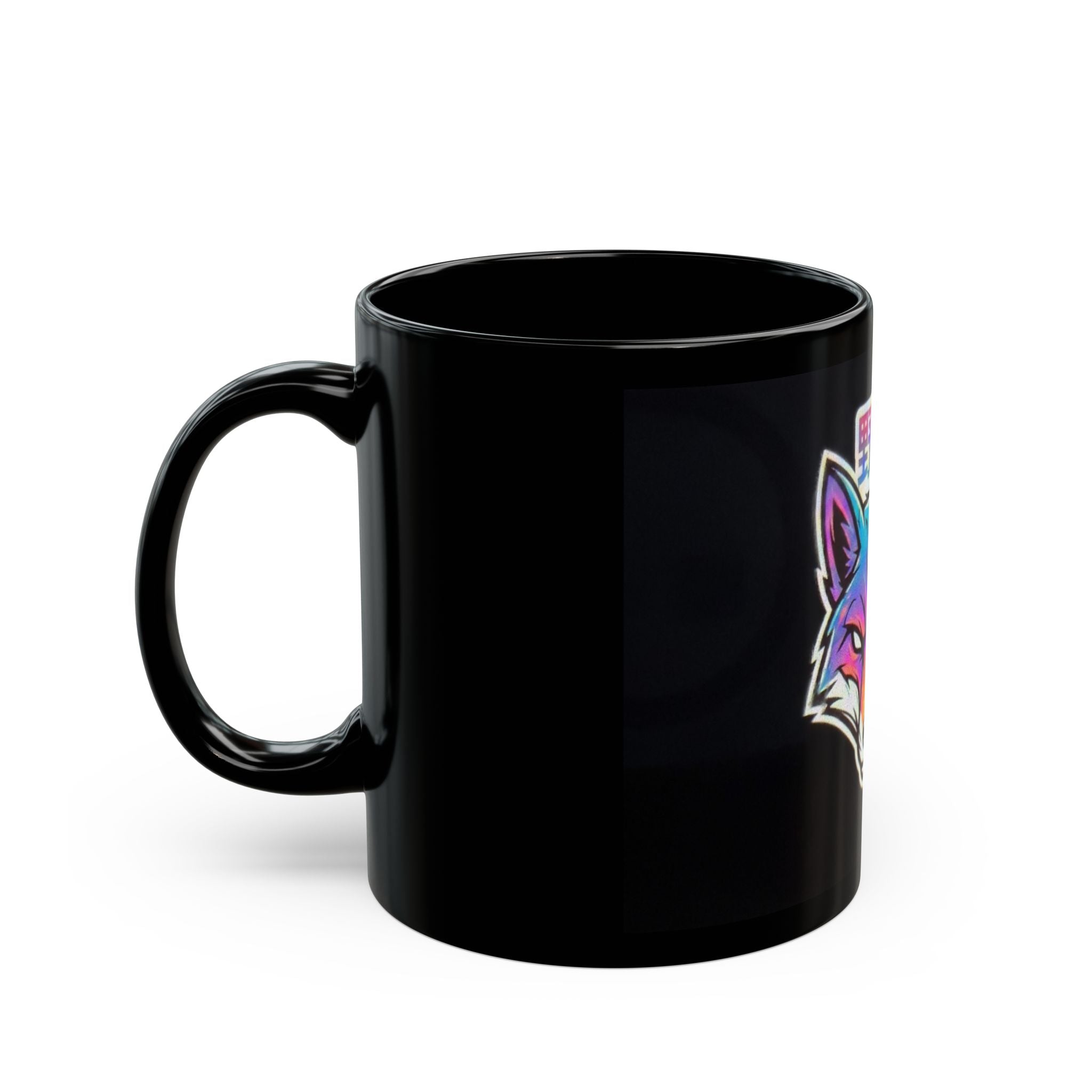 Neon Fox Mug — Colorful Fox Head with Japanese 'Wild' Kanji, Black Coffee Cup (11oz/15oz)
