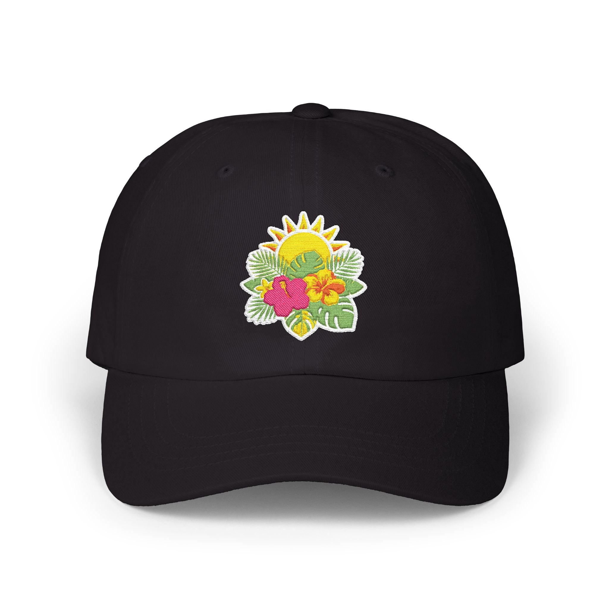 Floral Sunburst Dad Cap — Embroidered Sun & Hibiscus Baseball Hat