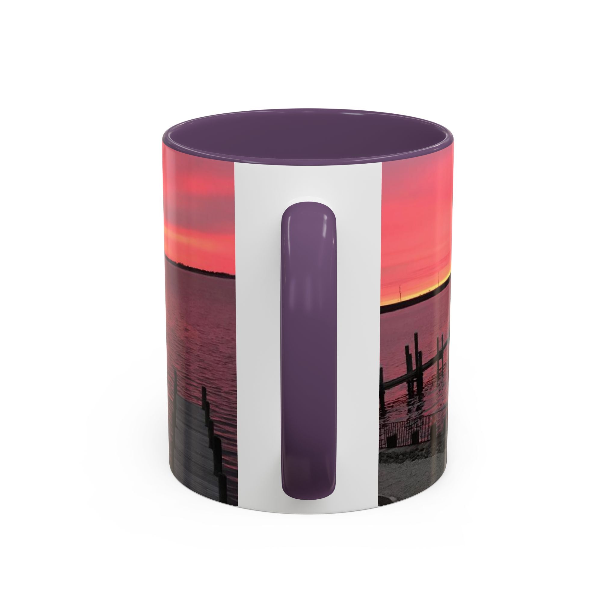 Sunset Harbor Accent Coffee Mug — Pink Sunrise Dock Scene (11/15oz)