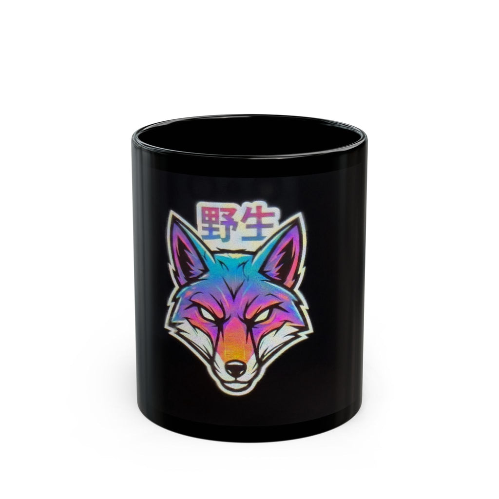 Neon Fox Mug — Colorful Fox Head with Japanese 'Wild' Kanji, Black Coffee Cup (11oz/15oz)