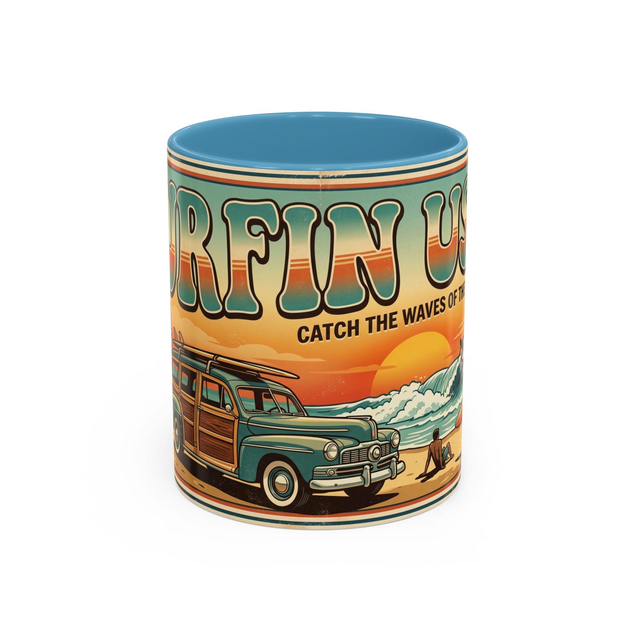Surfing USA Coffee Mug — Retro Beach Vintage Surfboard Sunset Design