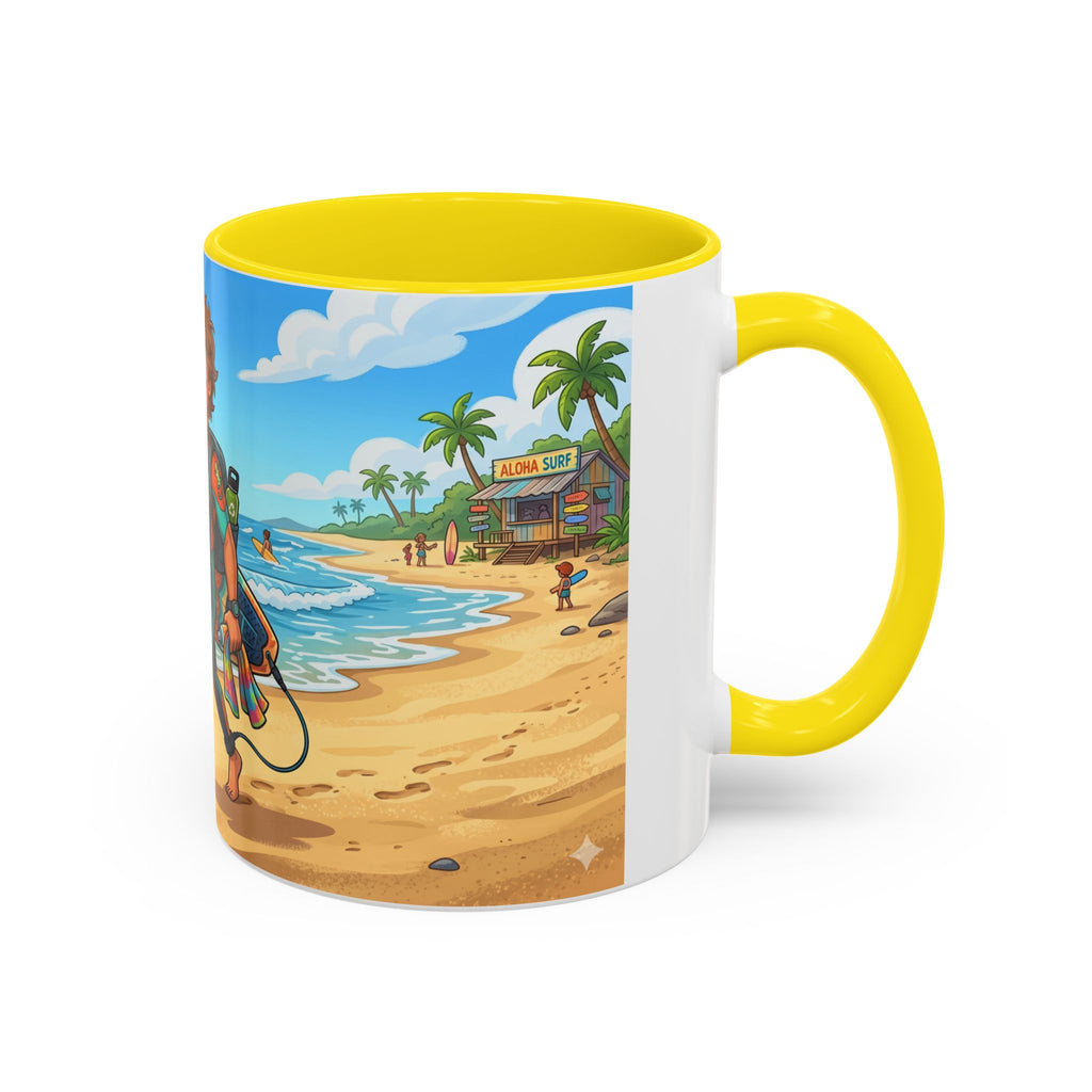 Surf Beach Coffee Mug — Cute Surfer Cartoon Design, 11/15oz Accent Mug
