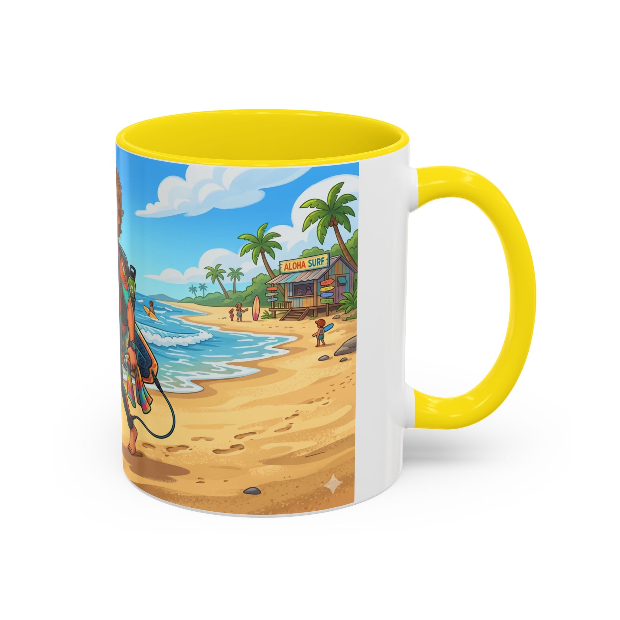 Surf Beach Coffee Mug — Cute Surfer Cartoon Design, 11/15oz Accent Mug