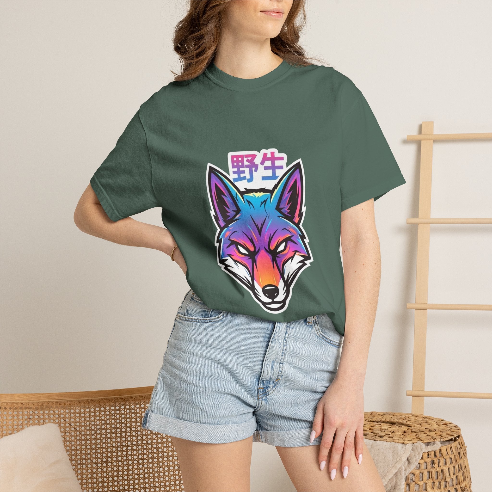 Neon Fox Graphic T-Shirt — Wild (野生) Japanese Kanji Tee