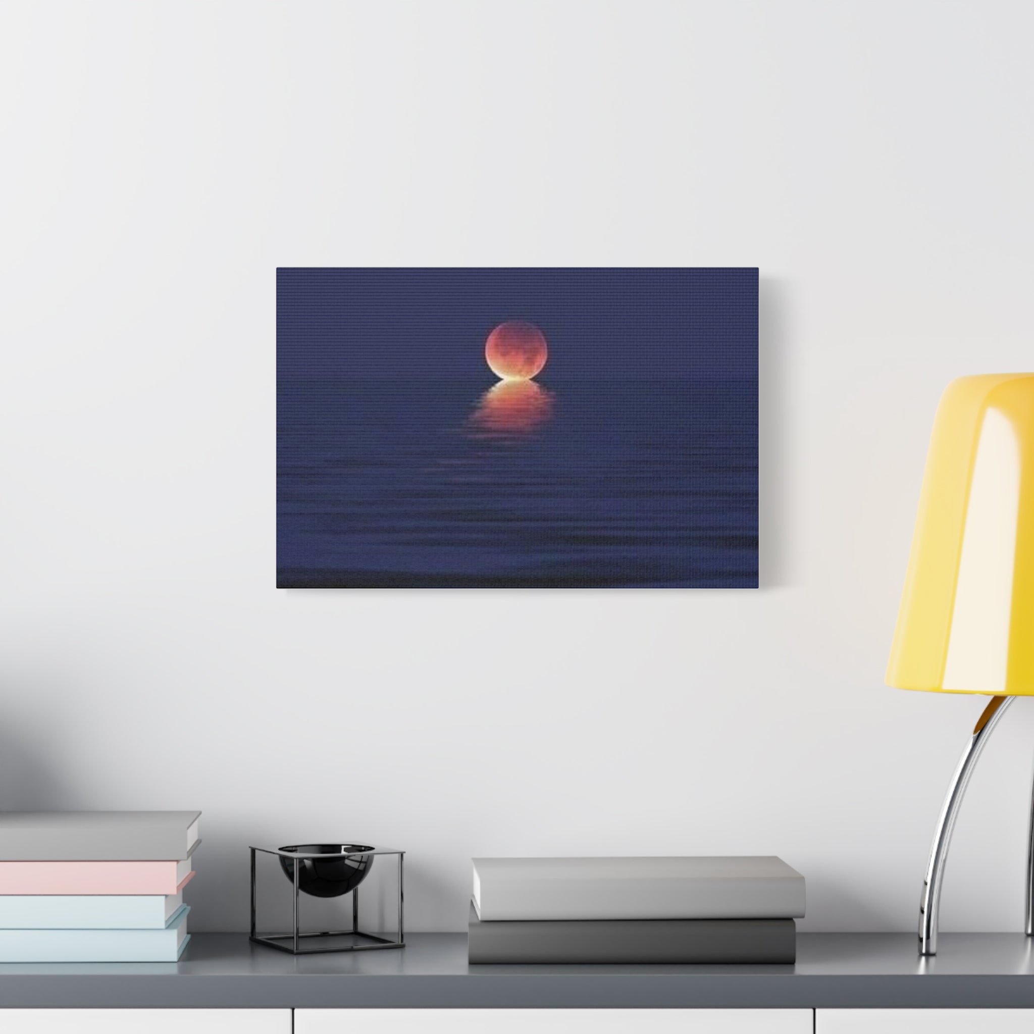 Lunar Reflection Canvas Art — Moonrise Over Calm Sea Stretched Matte Wall Art