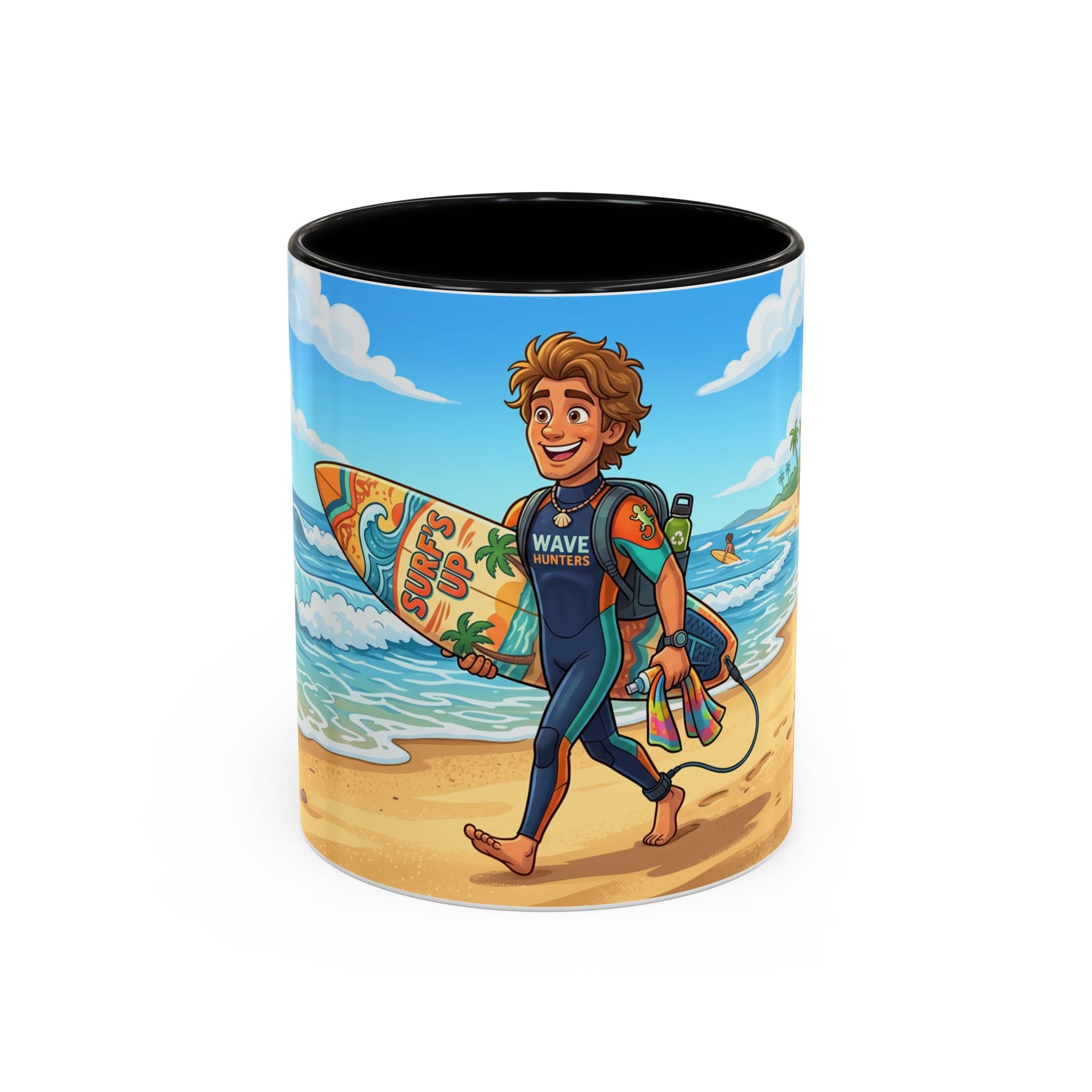 Surf Beach Coffee Mug — Cute Surfer Cartoon Design, 11/15oz Accent Mug