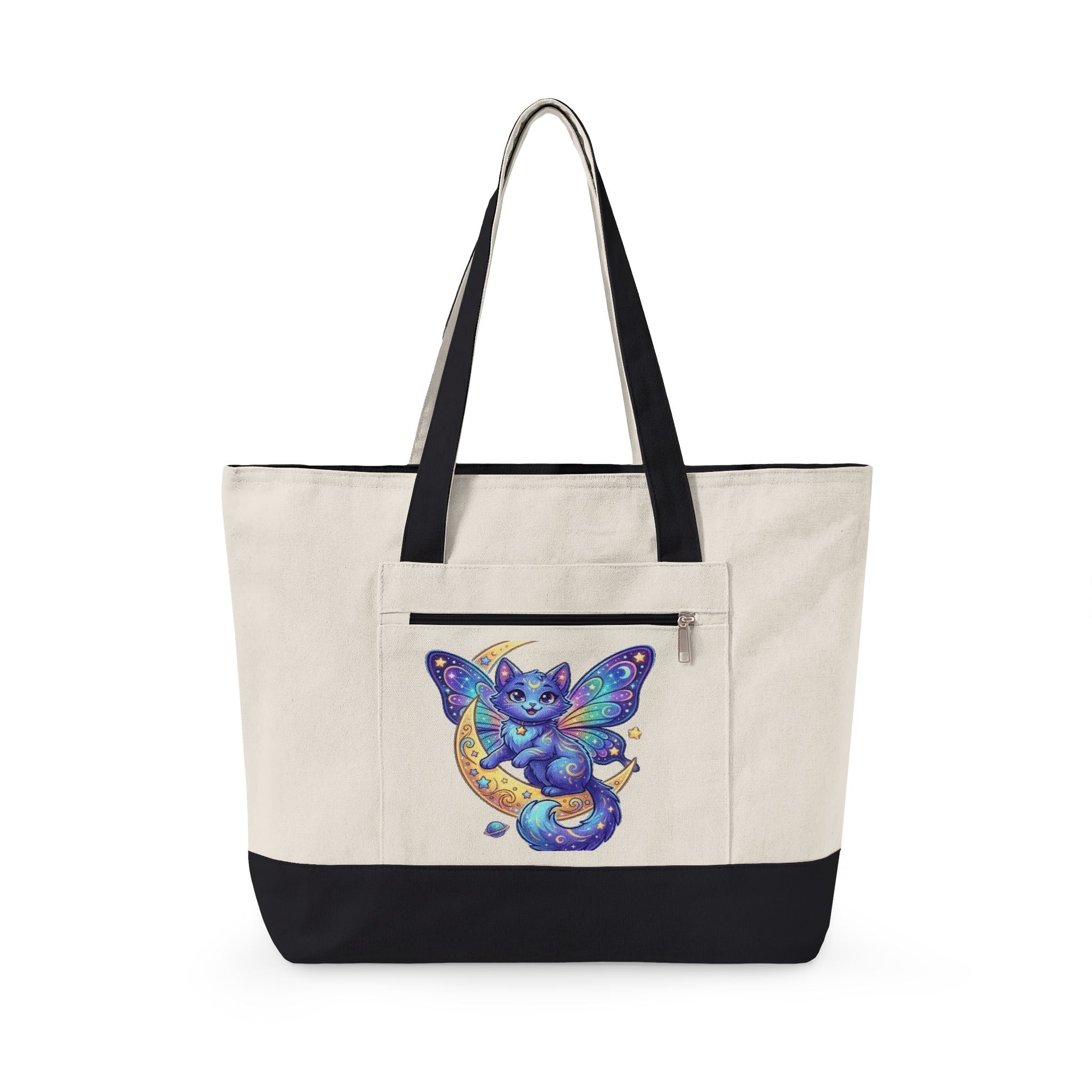 Canvas Tote Bag — Whimsical Moon Cat Butterfly Design
