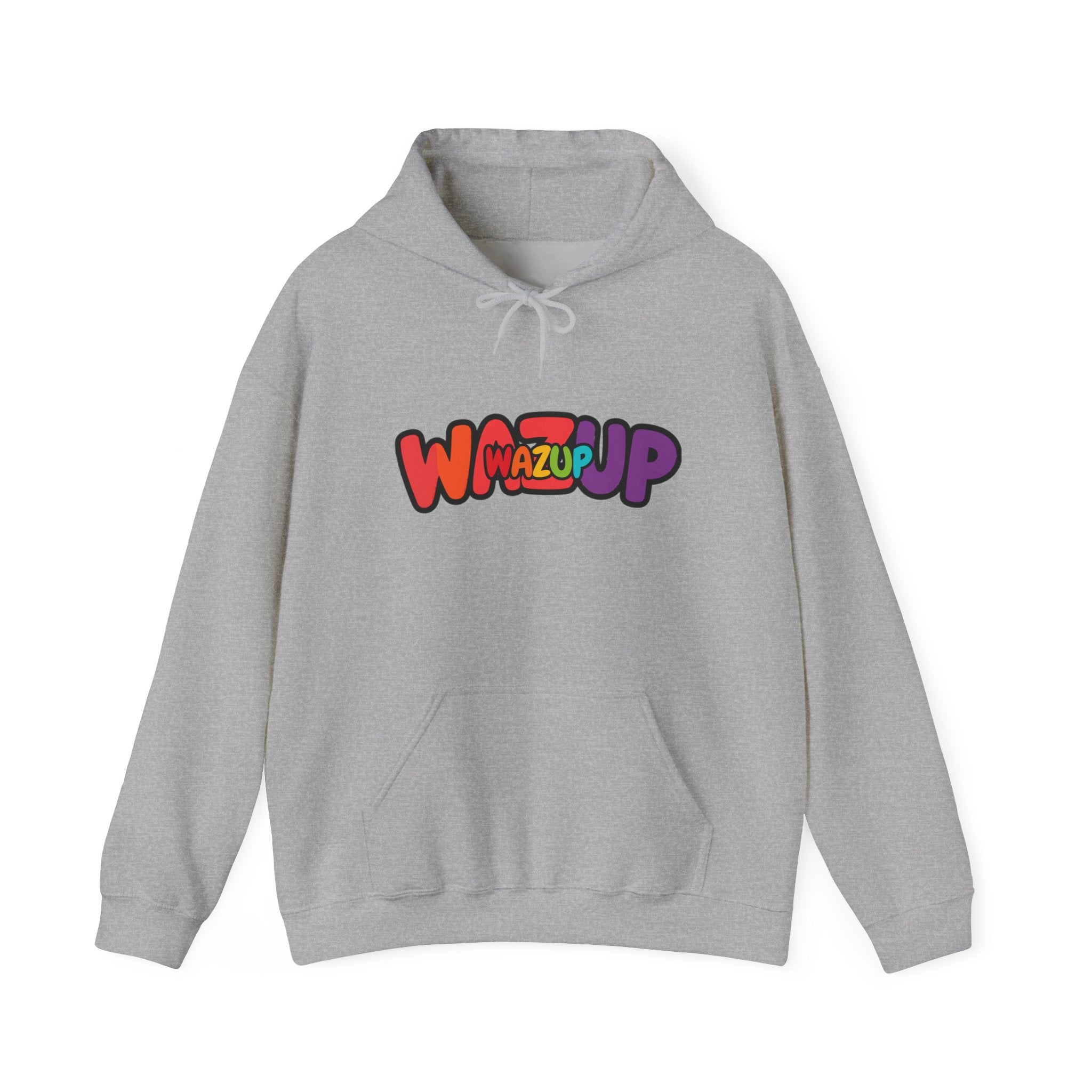 Wazup Rainbow Logo Hoodie — Colorful Retro Graphic Sweatshirt