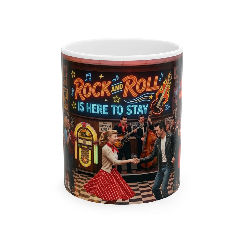 Rock and Roll Is Here to Stay Ceramic Mug — 11oz/15oz Retro 1950s Diner Design