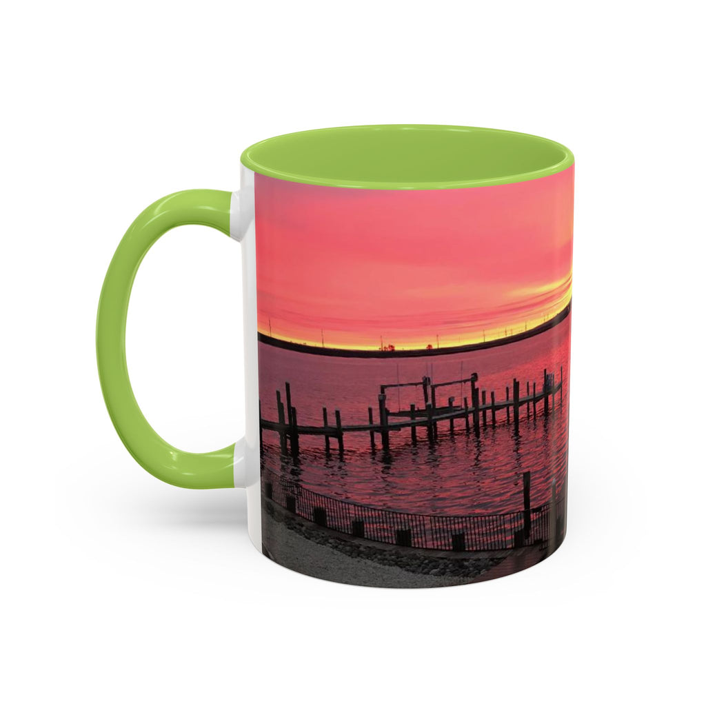 Sunset Harbor Accent Coffee Mug — Pink Sunrise Dock Scene (11/15oz)