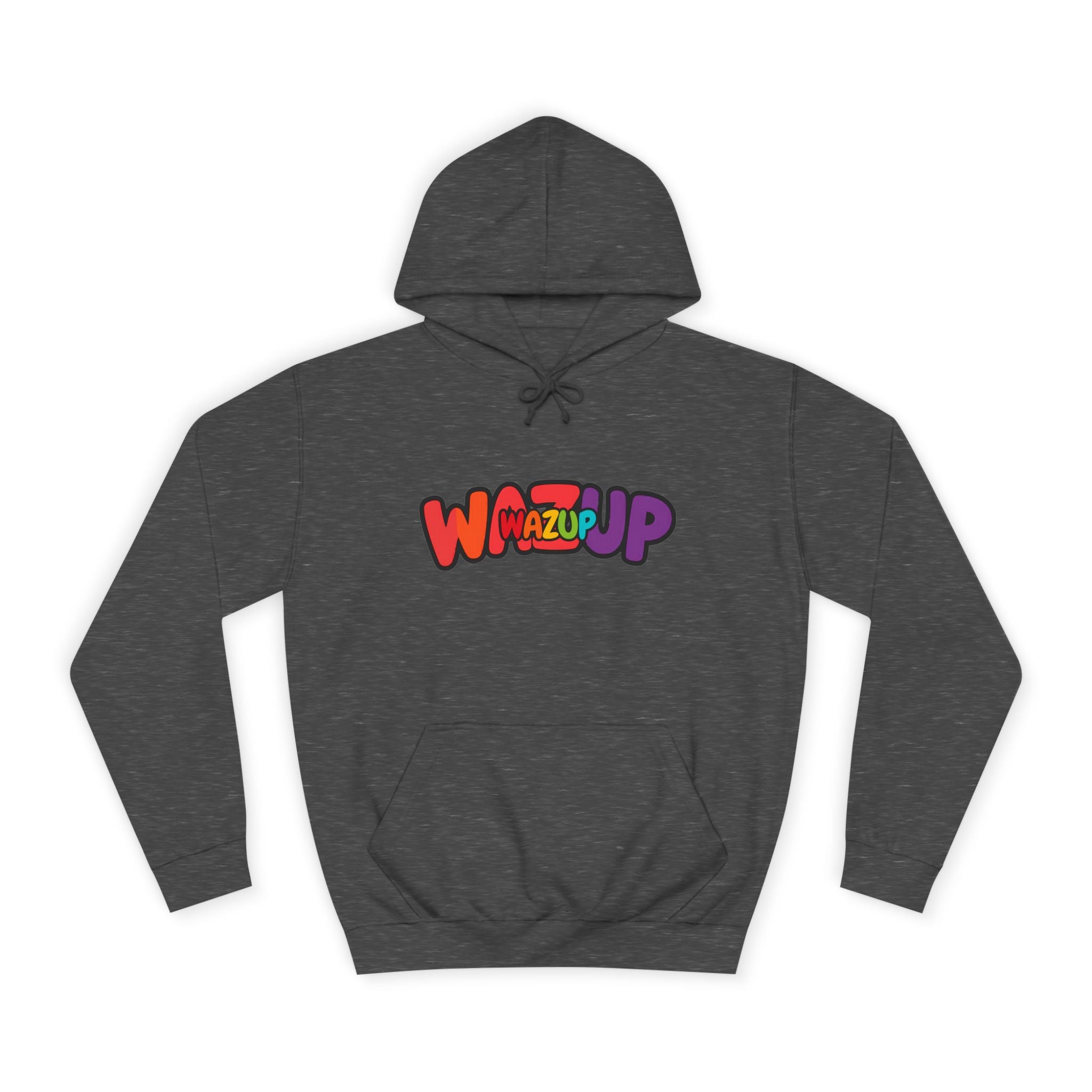 Wazup Colorburst Hoodie — Retro Bubble Letter Graphic Hooded Sweatshirt