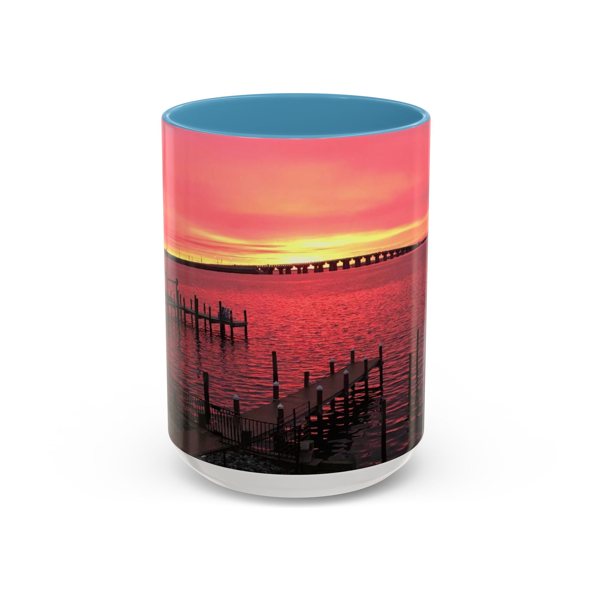 Sunset Harbor Accent Coffee Mug — Pink Sunrise Dock Scene (11/15oz)
