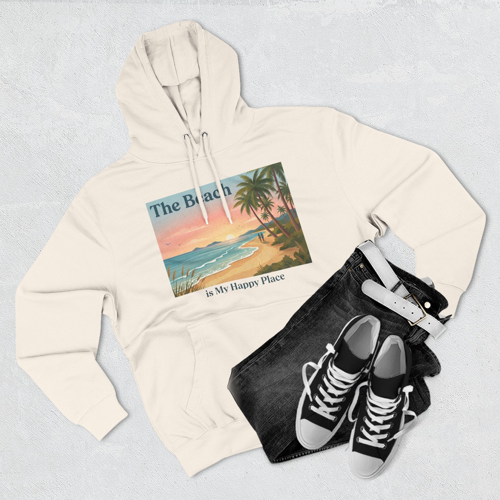 Beach Sunset Hoodie – "The Beach is My Happy Place" Coastal Palm Pullover