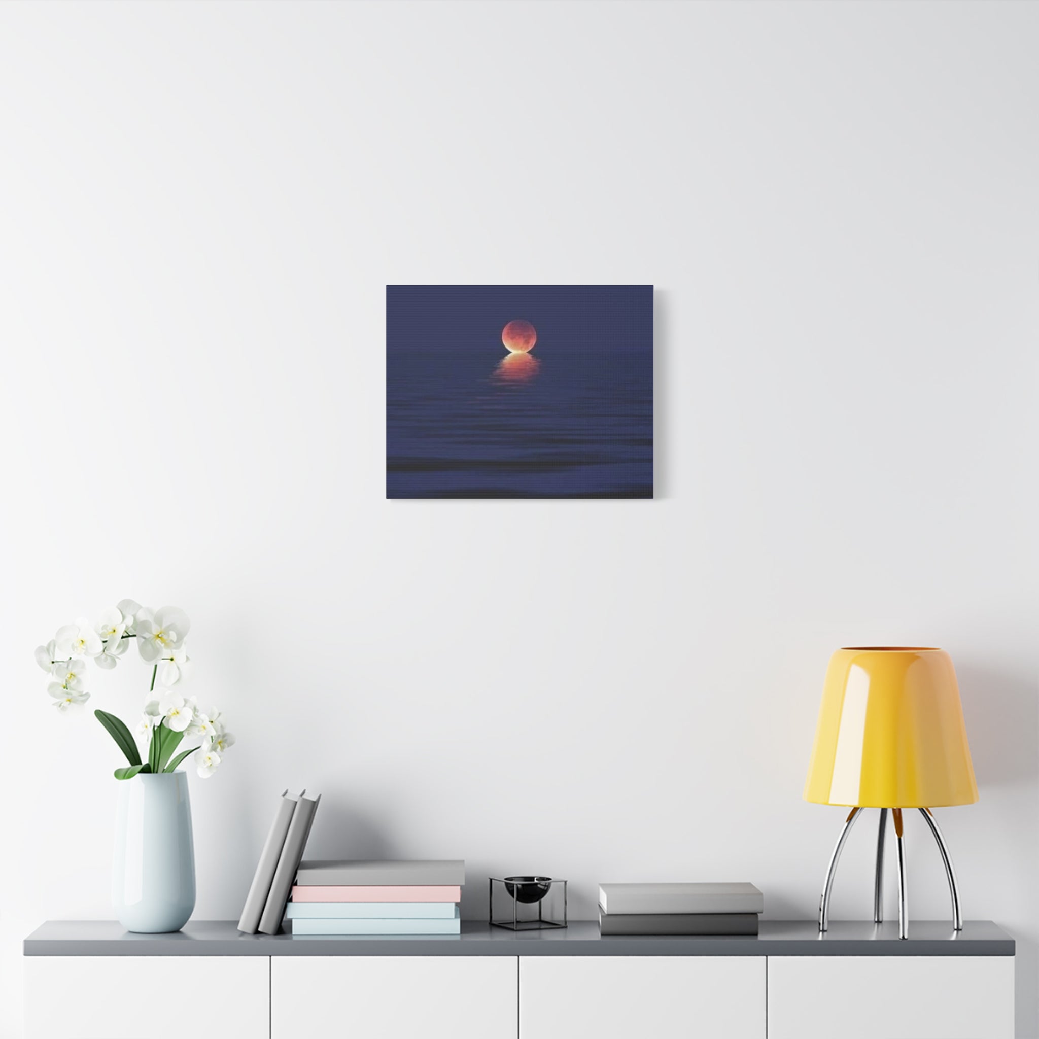 Lunar Reflection Canvas Art — Moonrise Over Calm Sea Stretched Matte Wall Art