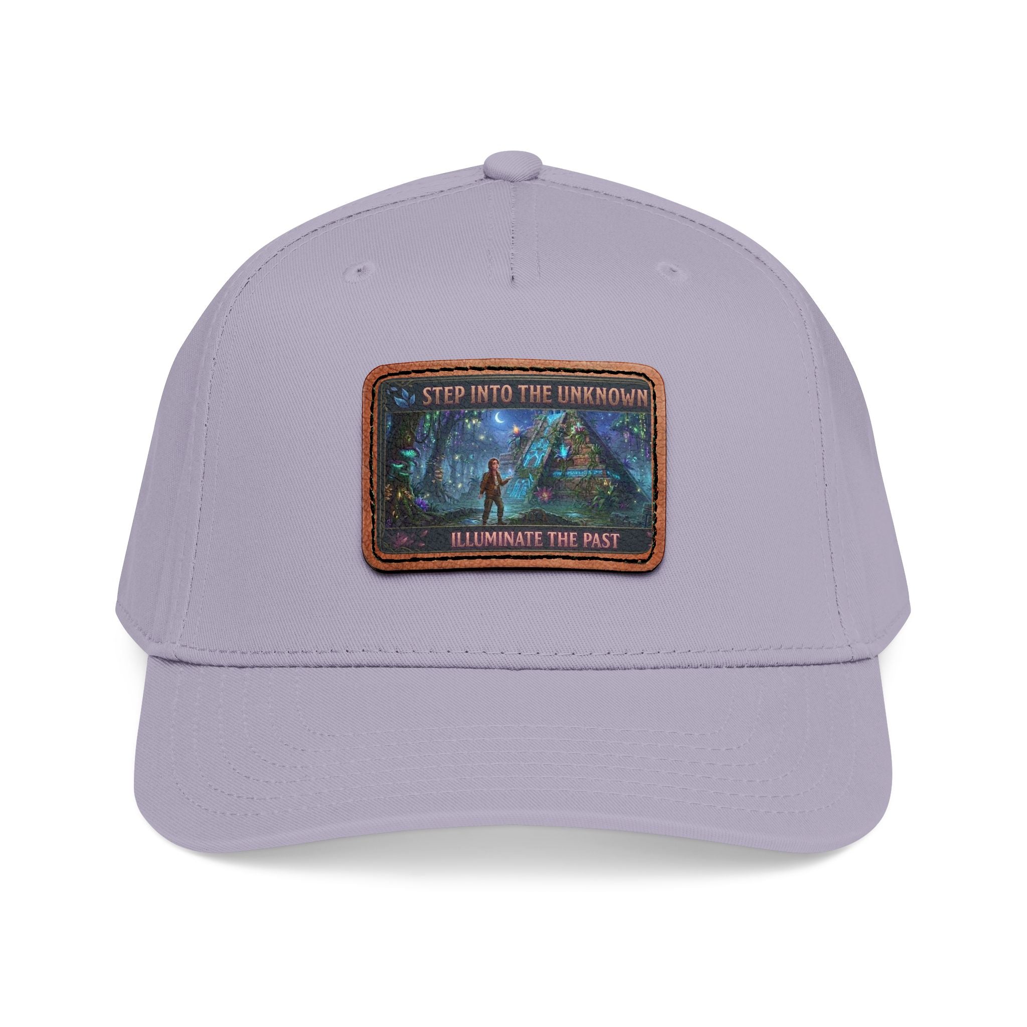 Leather Patch Baseball Cap — "Step Into the Unknown, Illuminate the Past" Forest Adventure Design