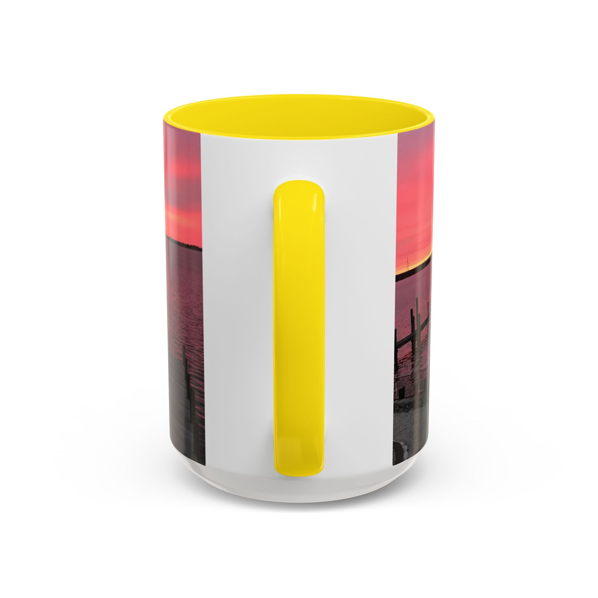 Sunset Harbor Accent Coffee Mug — Pink Sunrise Dock Scene (11/15oz)
