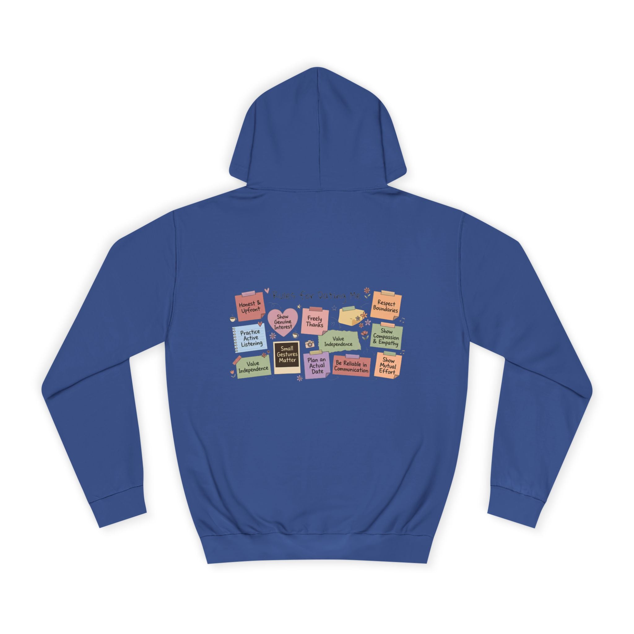 College Hoodie — Retro Sticky Notes Back Print, Cute Study Vibes