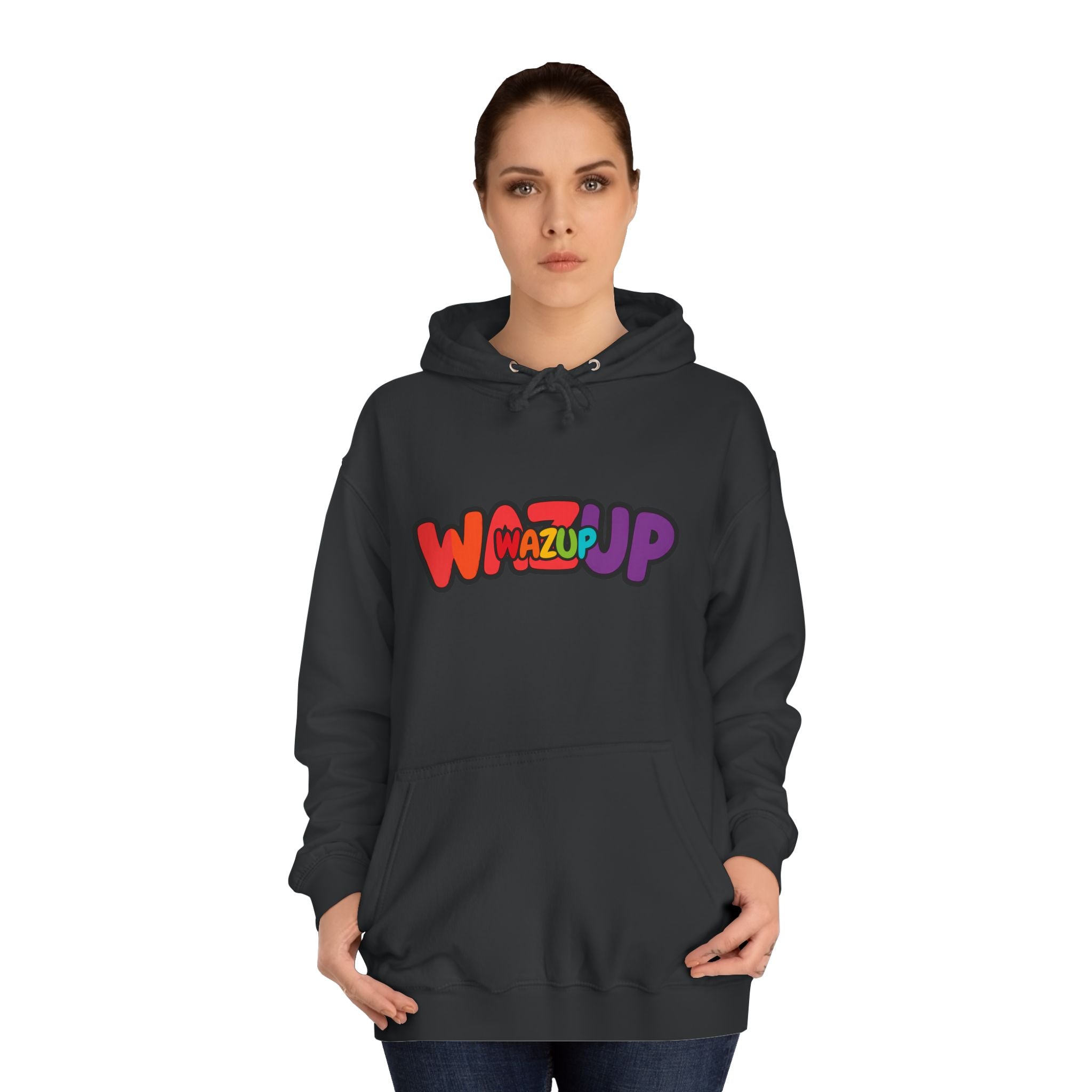 Wazup Colorburst Hoodie — Retro Bubble Letter Graphic Hooded Sweatshirt