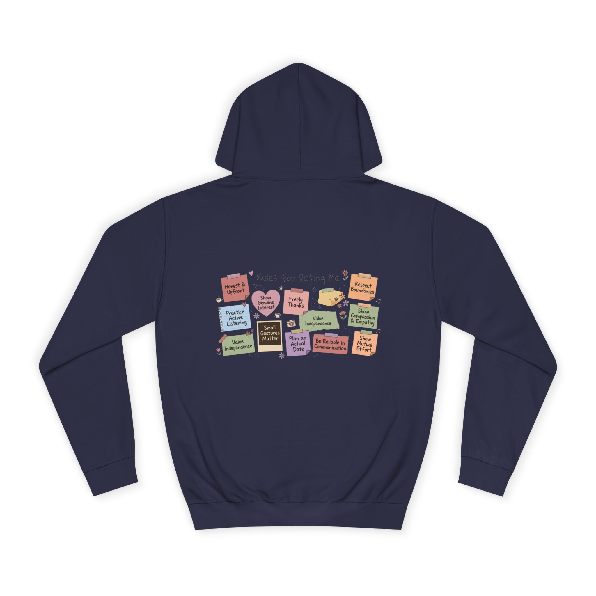 College Hoodie — Retro Sticky Notes Back Print, Cute Study Vibes