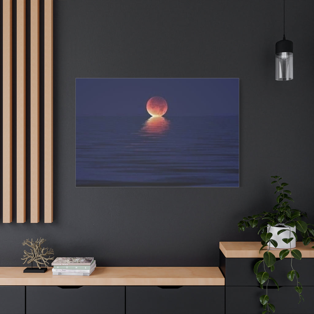 Lunar Reflection Canvas Art — Moonrise Over Calm Sea Stretched Matte Wall Art