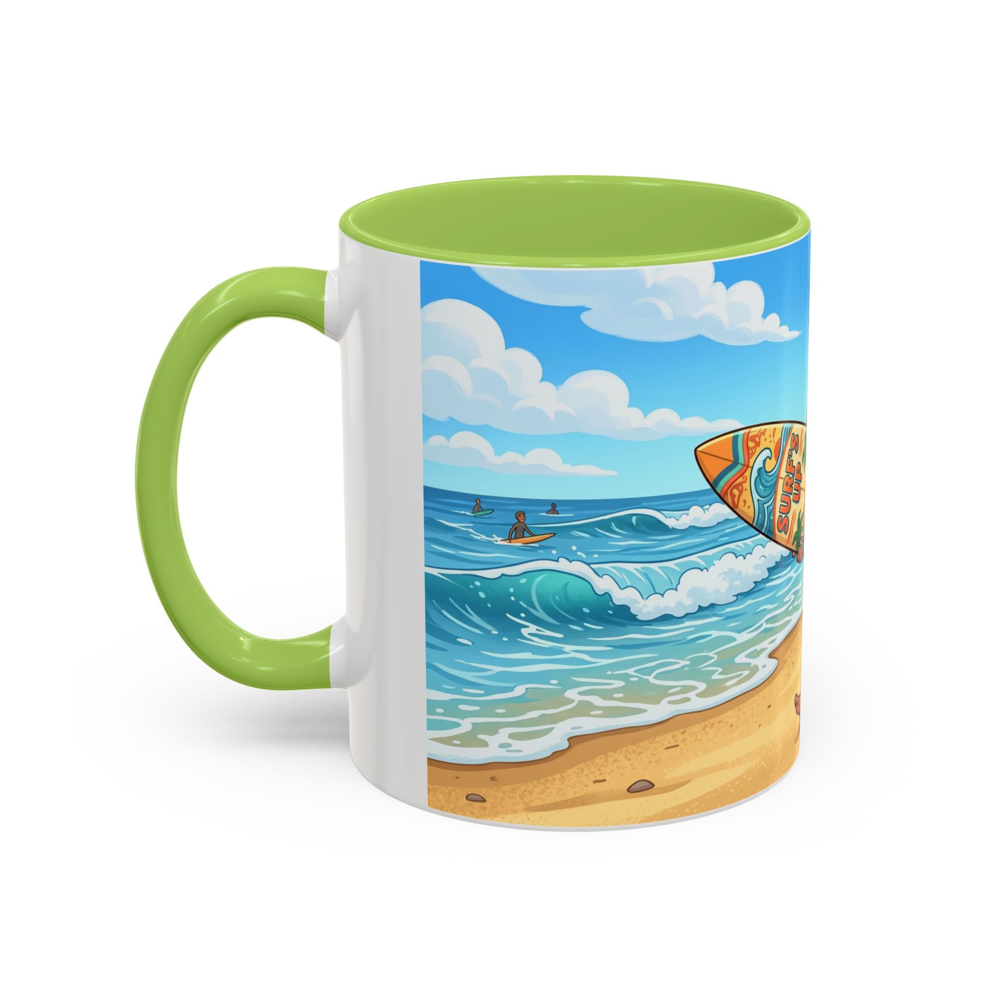Surf Beach Coffee Mug — Cute Surfer Cartoon Design, 11/15oz Accent Mug