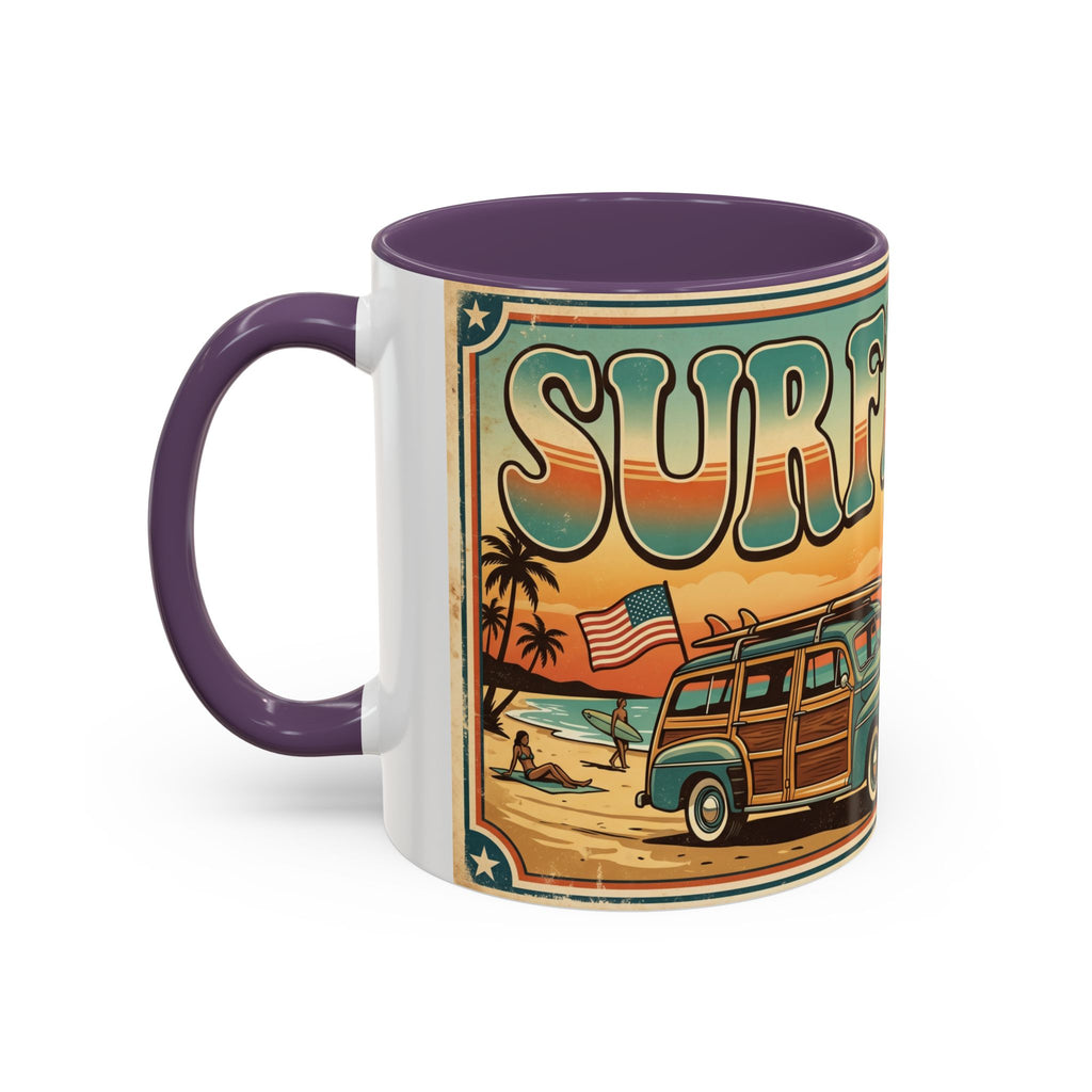 Surfing USA Coffee Mug — Retro Beach Vintage Surfboard Sunset Design