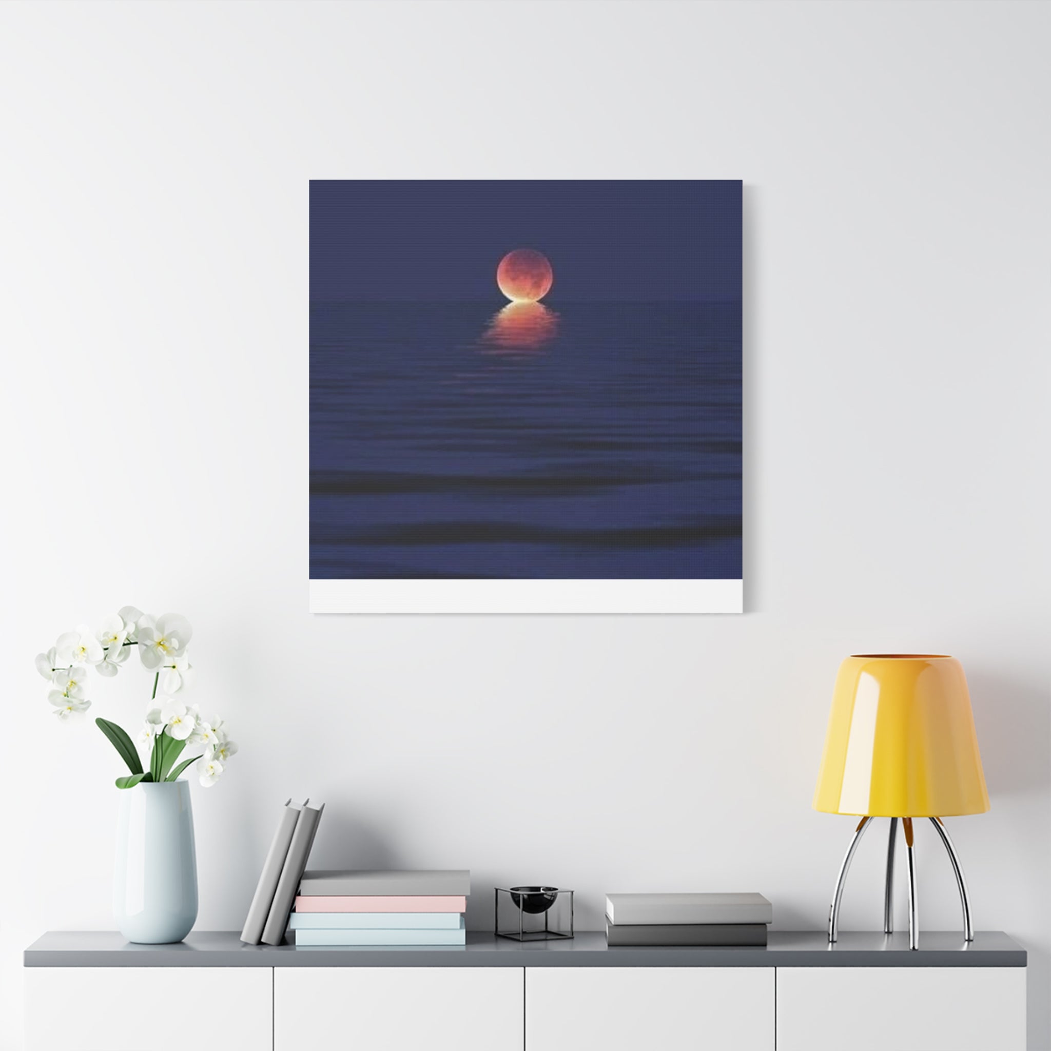 Lunar Reflection Canvas Art — Moonrise Over Calm Sea Stretched Matte Wall Art