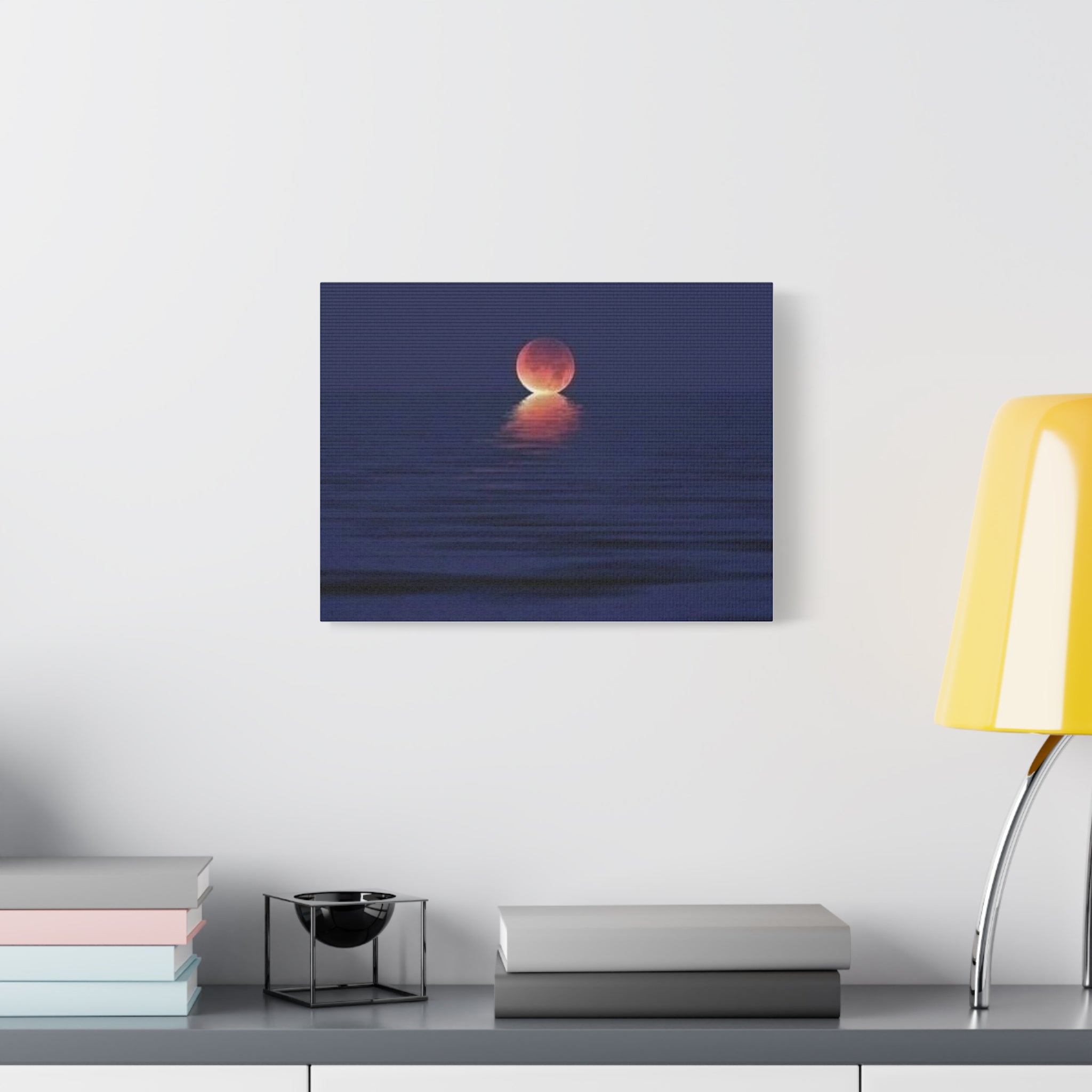 Lunar Reflection Canvas Art — Moonrise Over Calm Sea Stretched Matte Wall Art