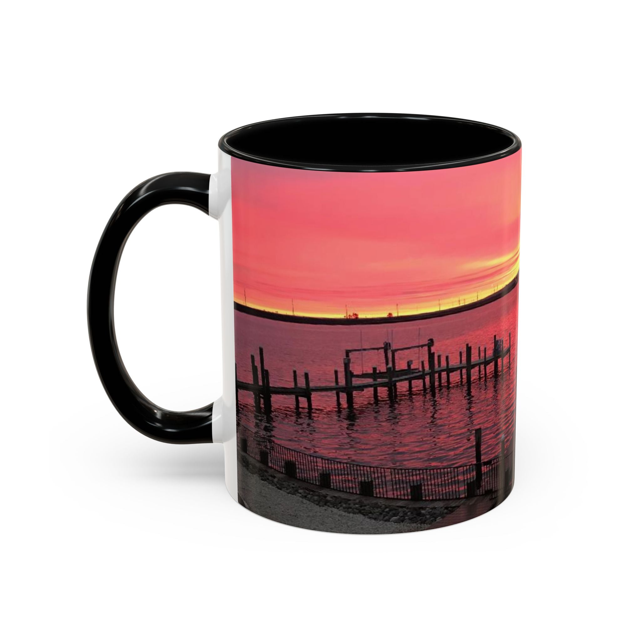 Sunset Harbor Accent Coffee Mug — Pink Sunrise Dock Scene (11/15oz)