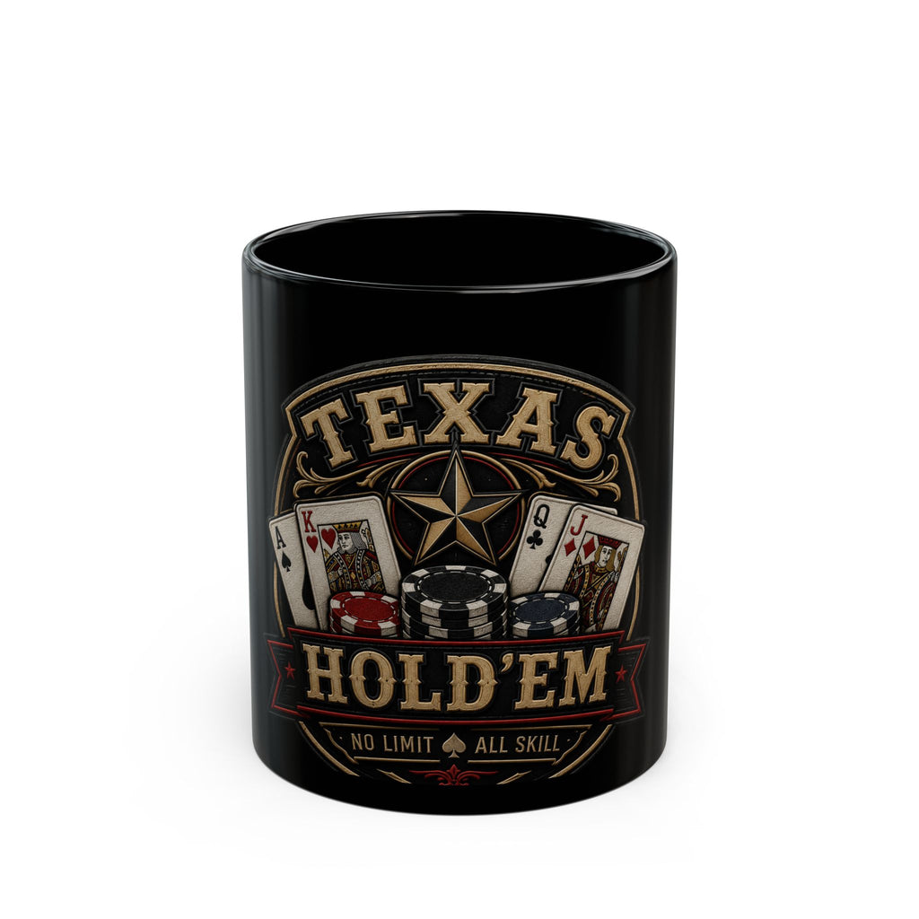 Texas Hold'em Poker Mug — Black Ceramic 11oz/15oz (Playing Cards & Chips Design)