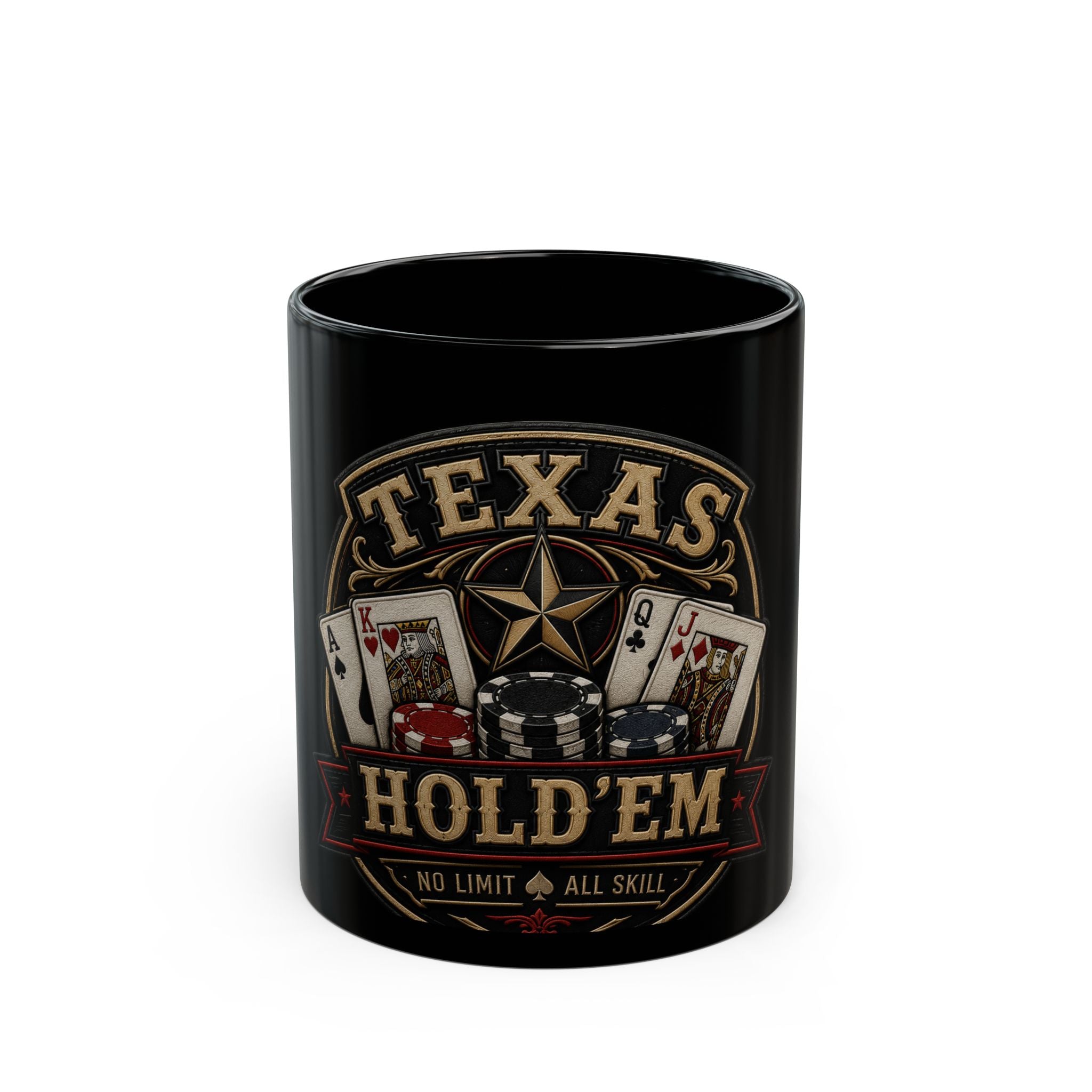 Texas Hold'em Poker Mug — Black Ceramic 11oz/15oz (Playing Cards & Chips Design)