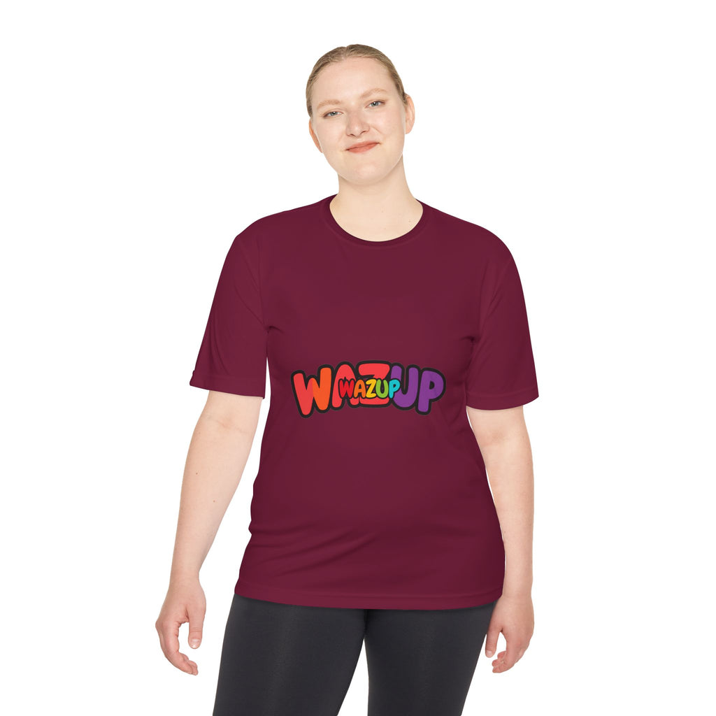 Wazup Colorblock Graphic Tee — Retro Pop 'Wazup' Moisture-Wicking Shirt