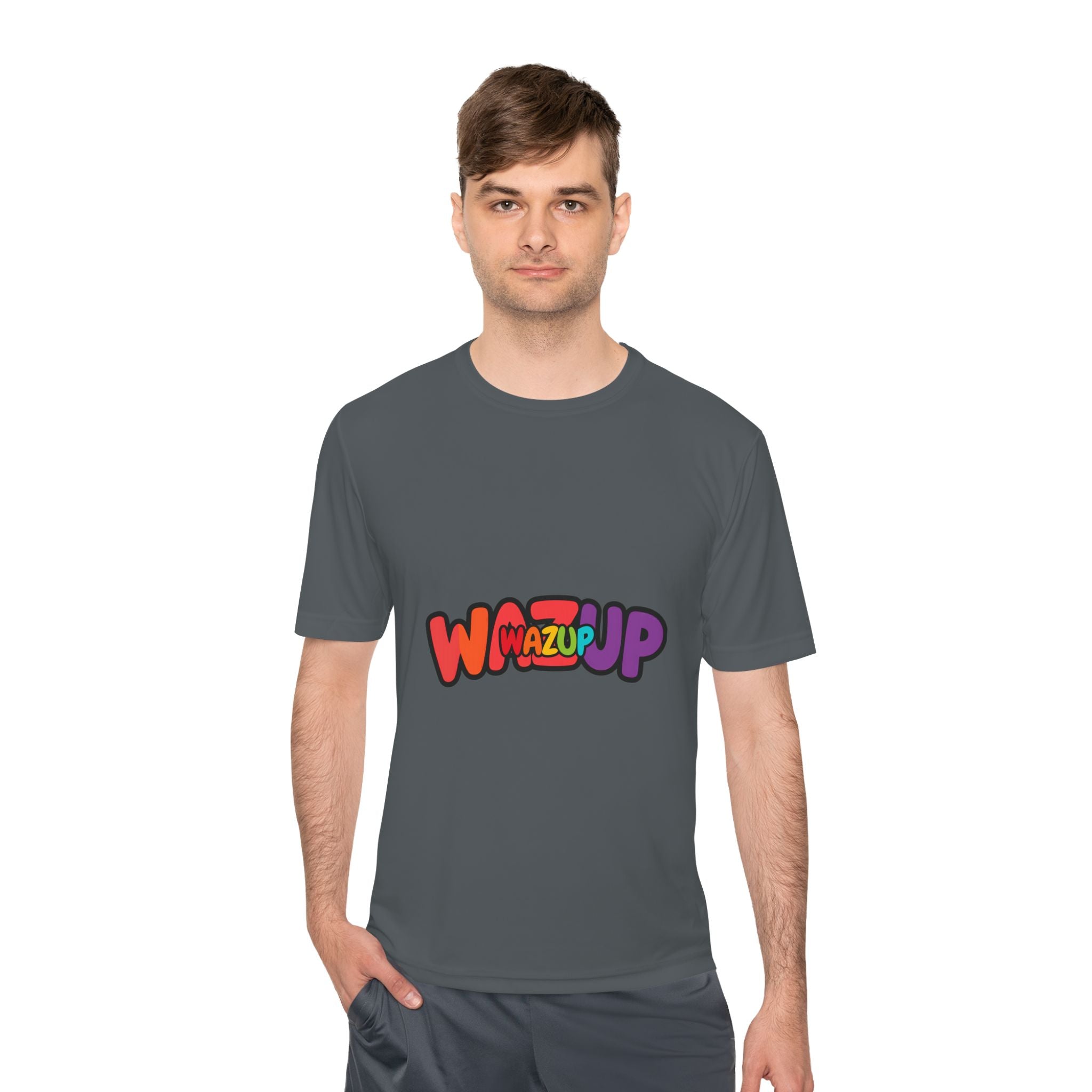 Wazup Colorblock Graphic Tee — Retro Pop 'Wazup' Moisture-Wicking Shirt