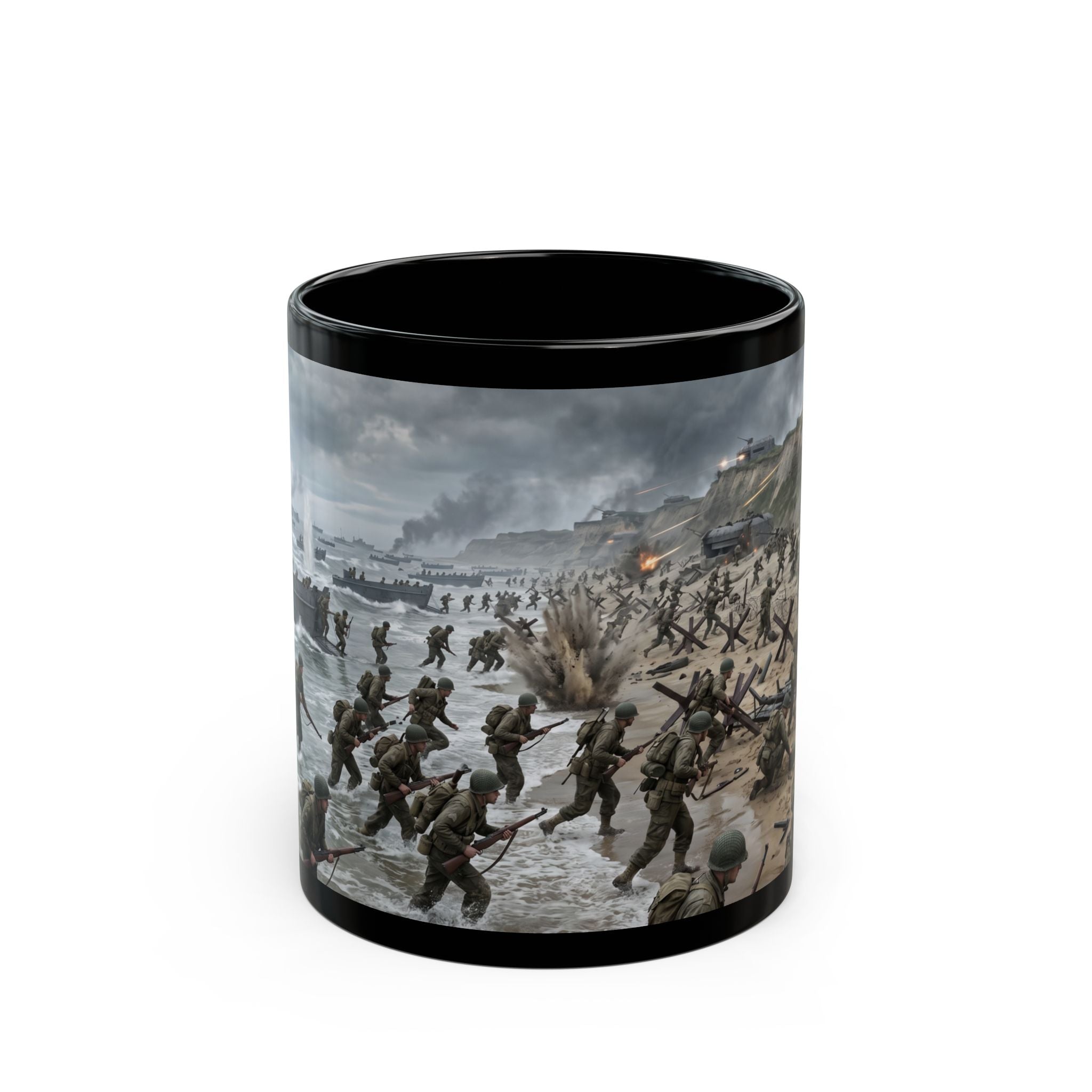 D-Day Invasion Black Mug — World War II Beach Assault Scene (11oz/15oz)