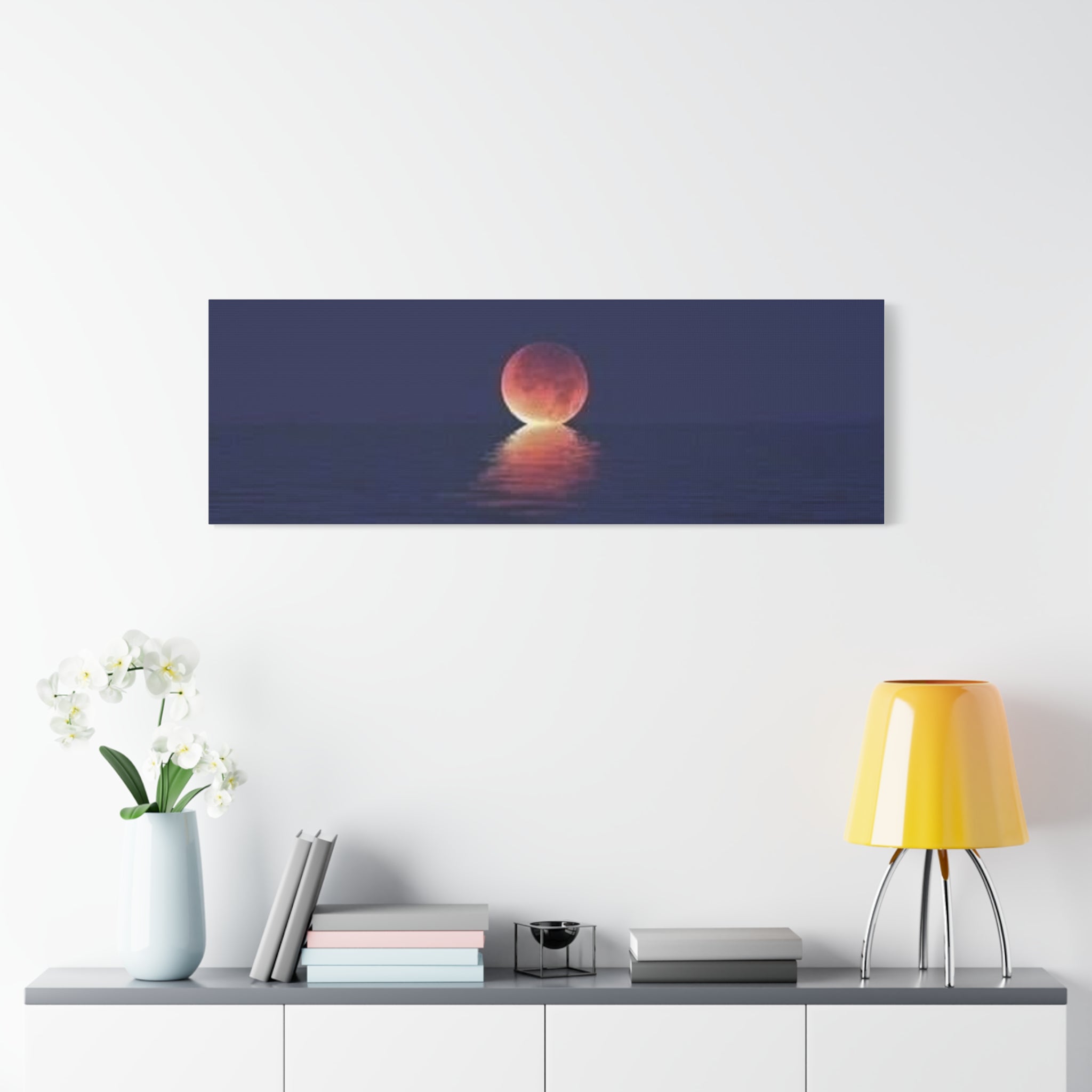 Lunar Reflection Canvas Art — Moonrise Over Calm Sea Stretched Matte Wall Art