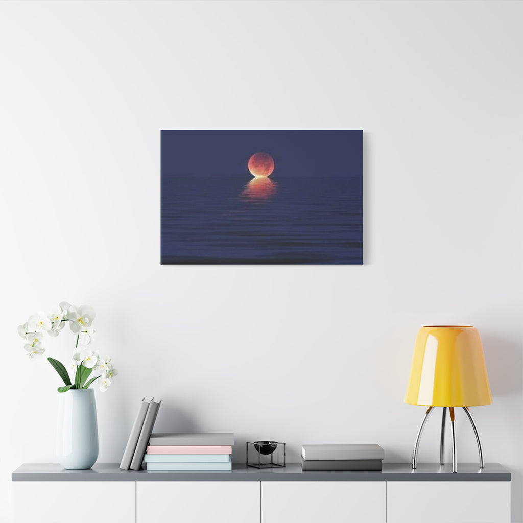 Lunar Reflection Canvas Art — Moonrise Over Calm Sea Stretched Matte Wall Art
