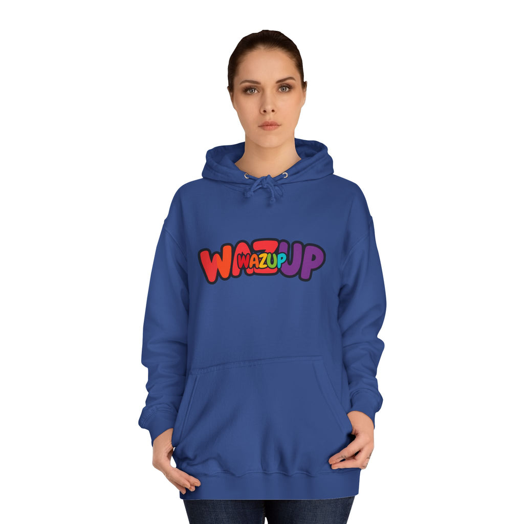 Wazup Colorburst Hoodie — Retro Bubble Letter Graphic Hooded Sweatshirt