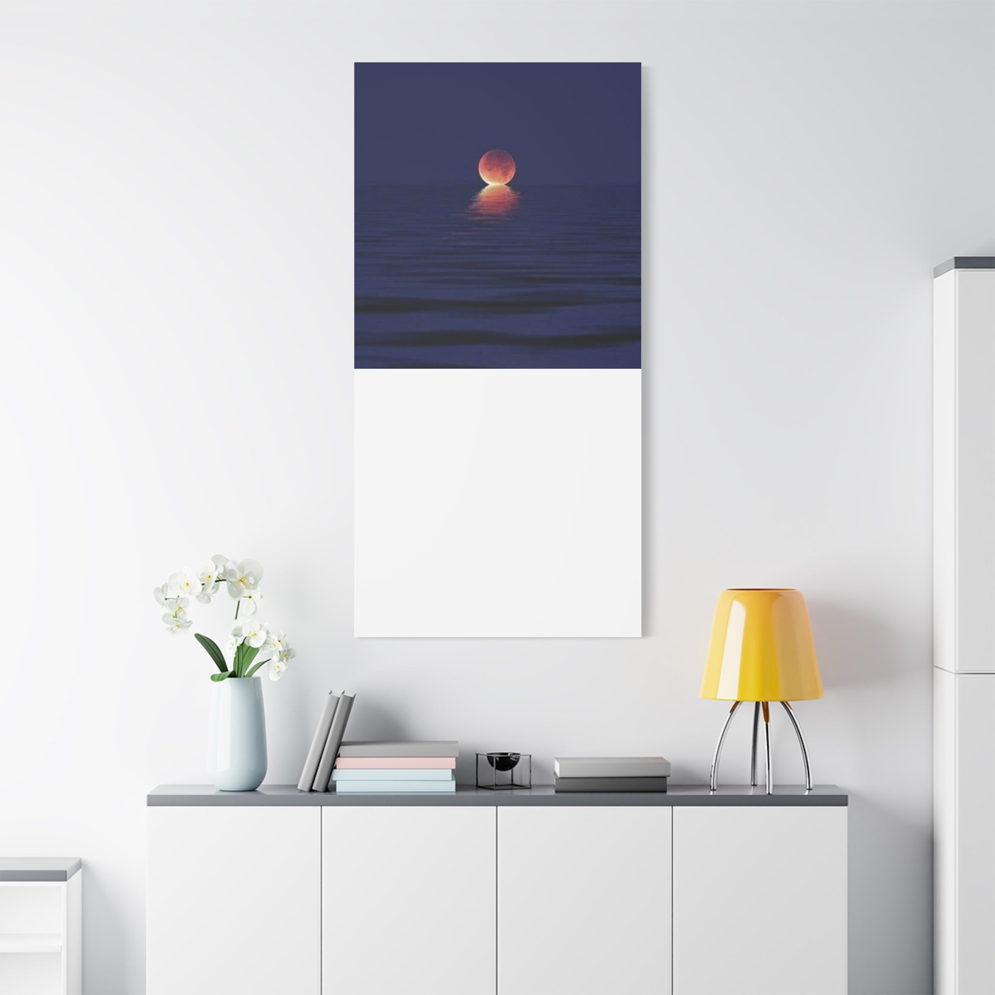 Lunar Reflection Canvas Art — Moonrise Over Calm Sea Stretched Matte Wall Art