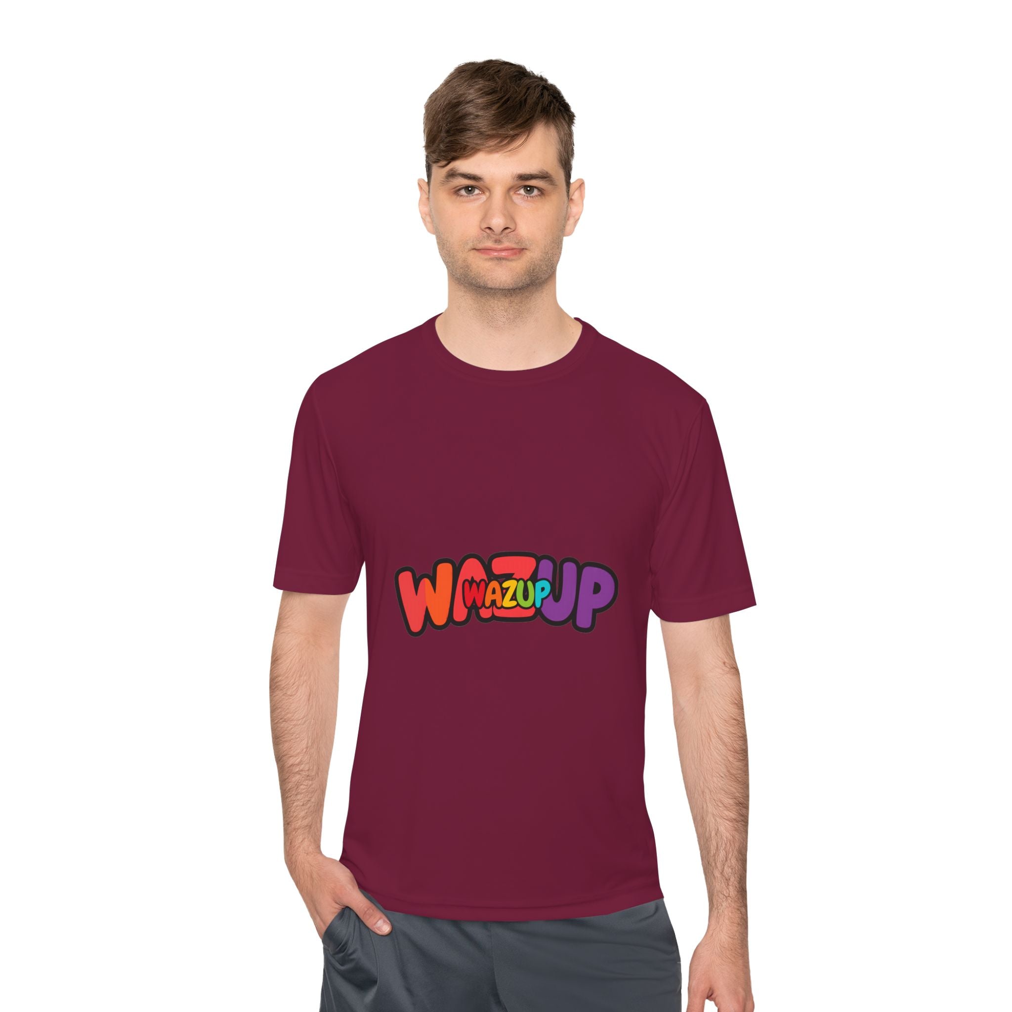 Wazup Colorblock Graphic Tee — Retro Pop 'Wazup' Moisture-Wicking Shirt