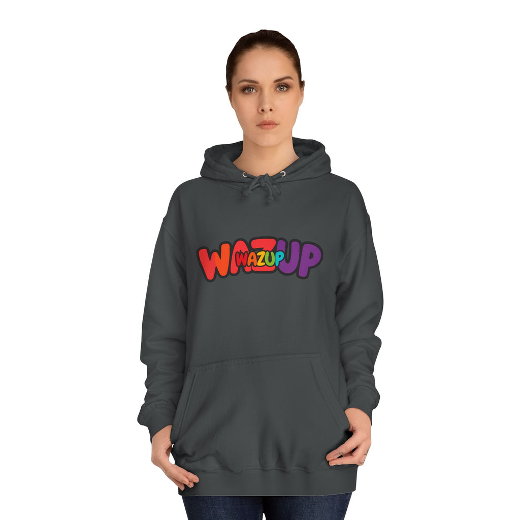 Wazup Colorburst Hoodie — Retro Bubble Letter Graphic Hooded Sweatshirt