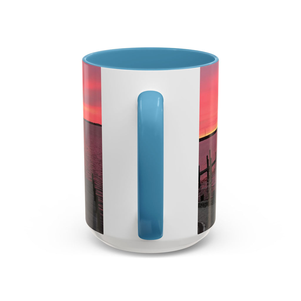 Sunset Harbor Accent Coffee Mug — Pink Sunrise Dock Scene (11/15oz)