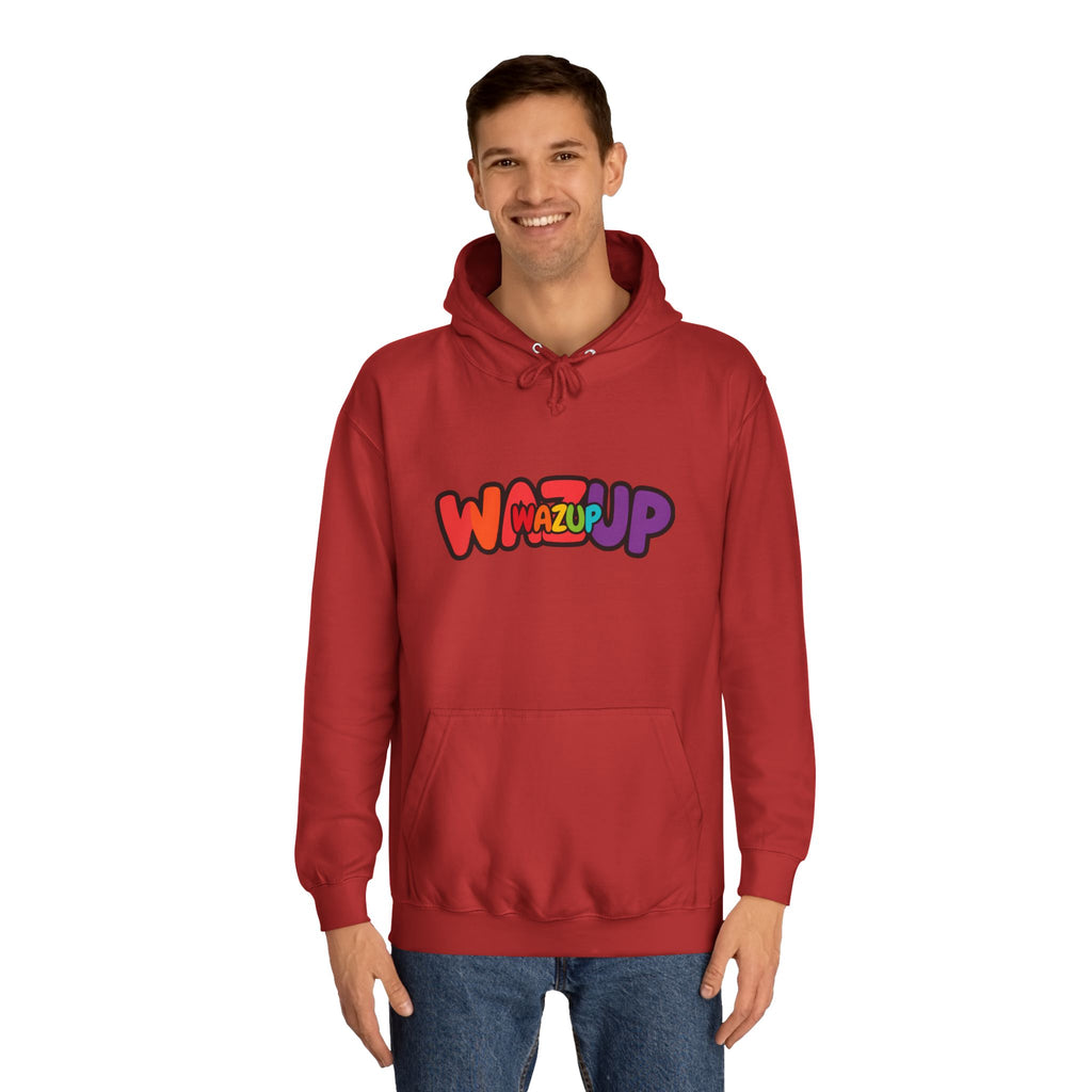Wazup Colorburst Hoodie — Retro Bubble Letter Graphic Hooded Sweatshirt