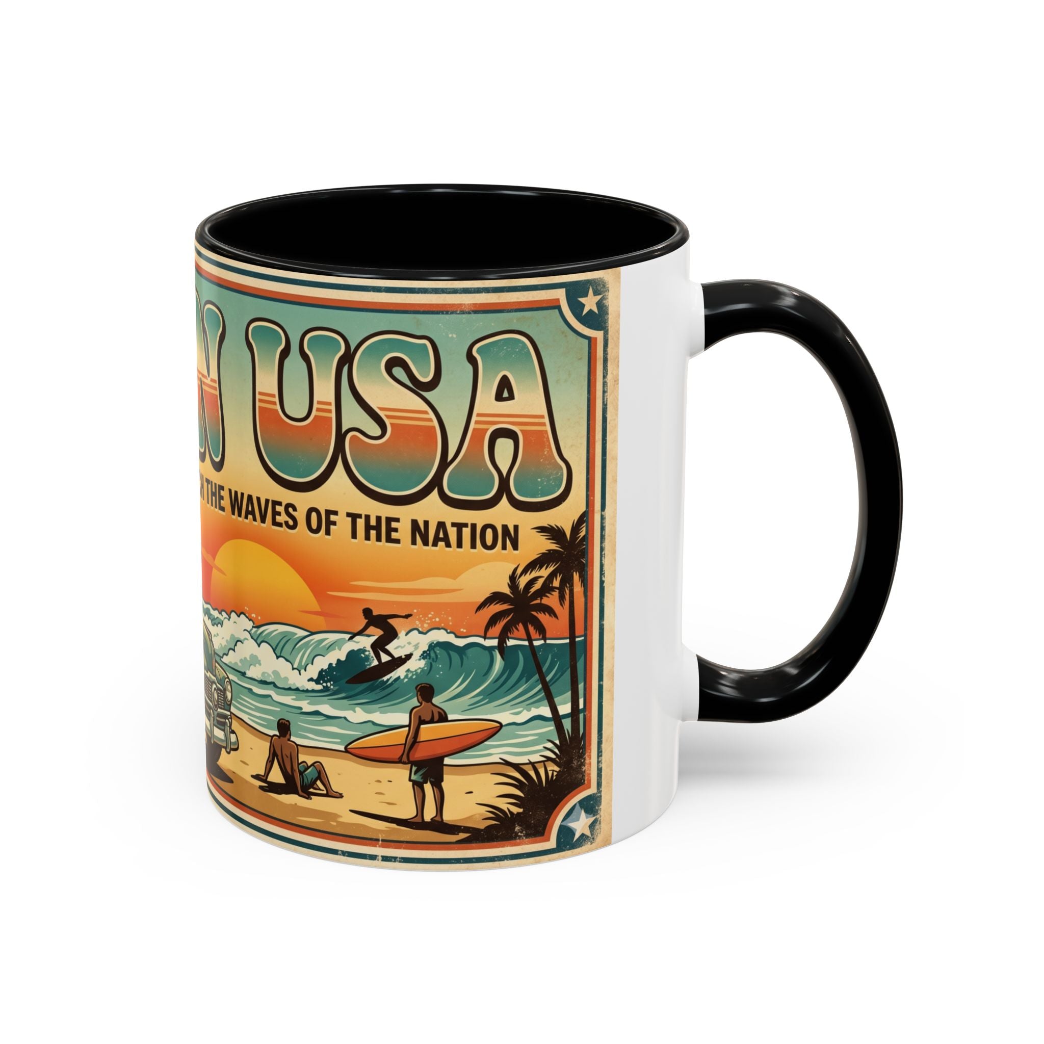 Surfing USA Coffee Mug — Retro Beach Vintage Surfboard Sunset Design