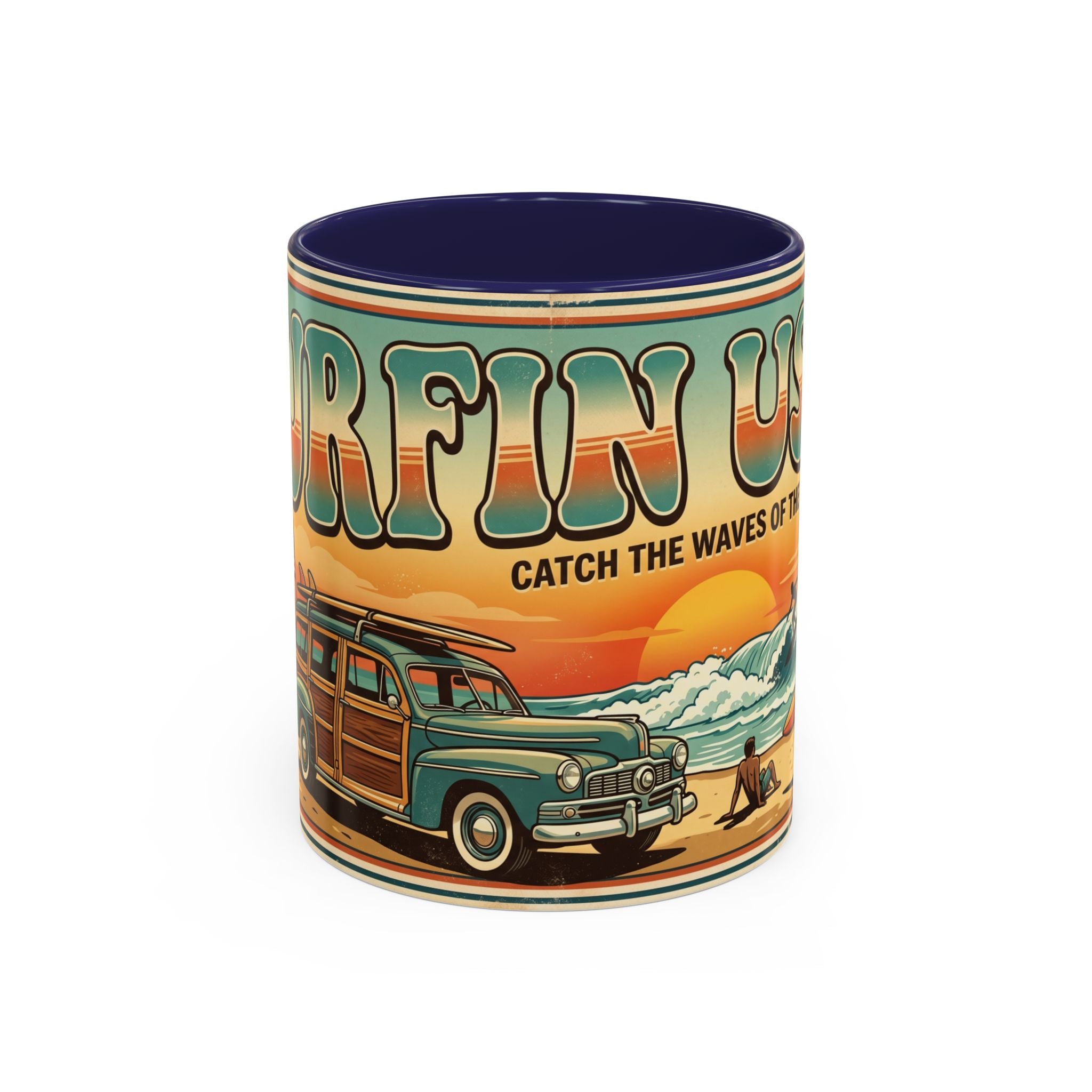 Surfing USA Coffee Mug — Retro Beach Vintage Surfboard Sunset Design
