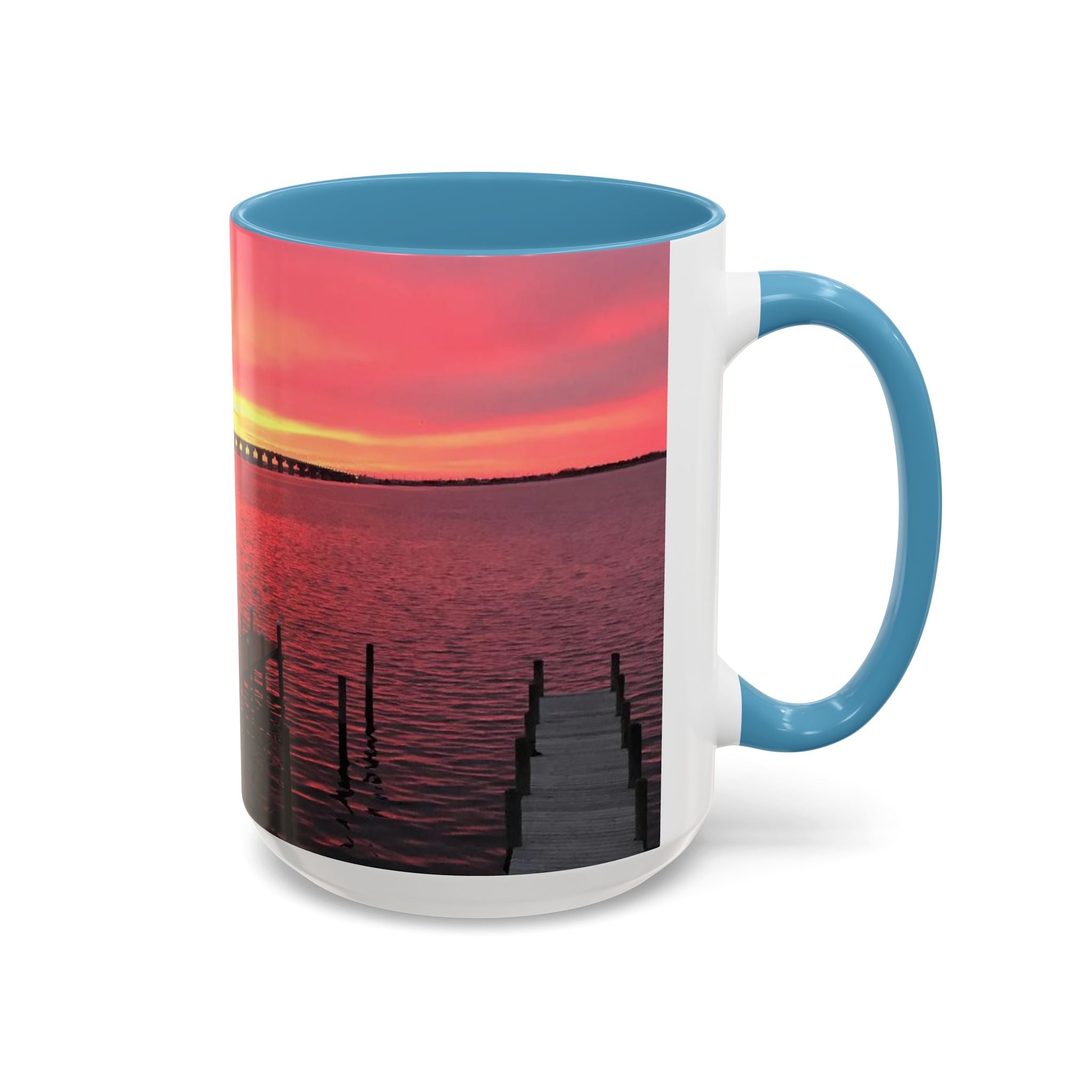 Sunset Harbor Accent Coffee Mug — Pink Sunrise Dock Scene (11/15oz)